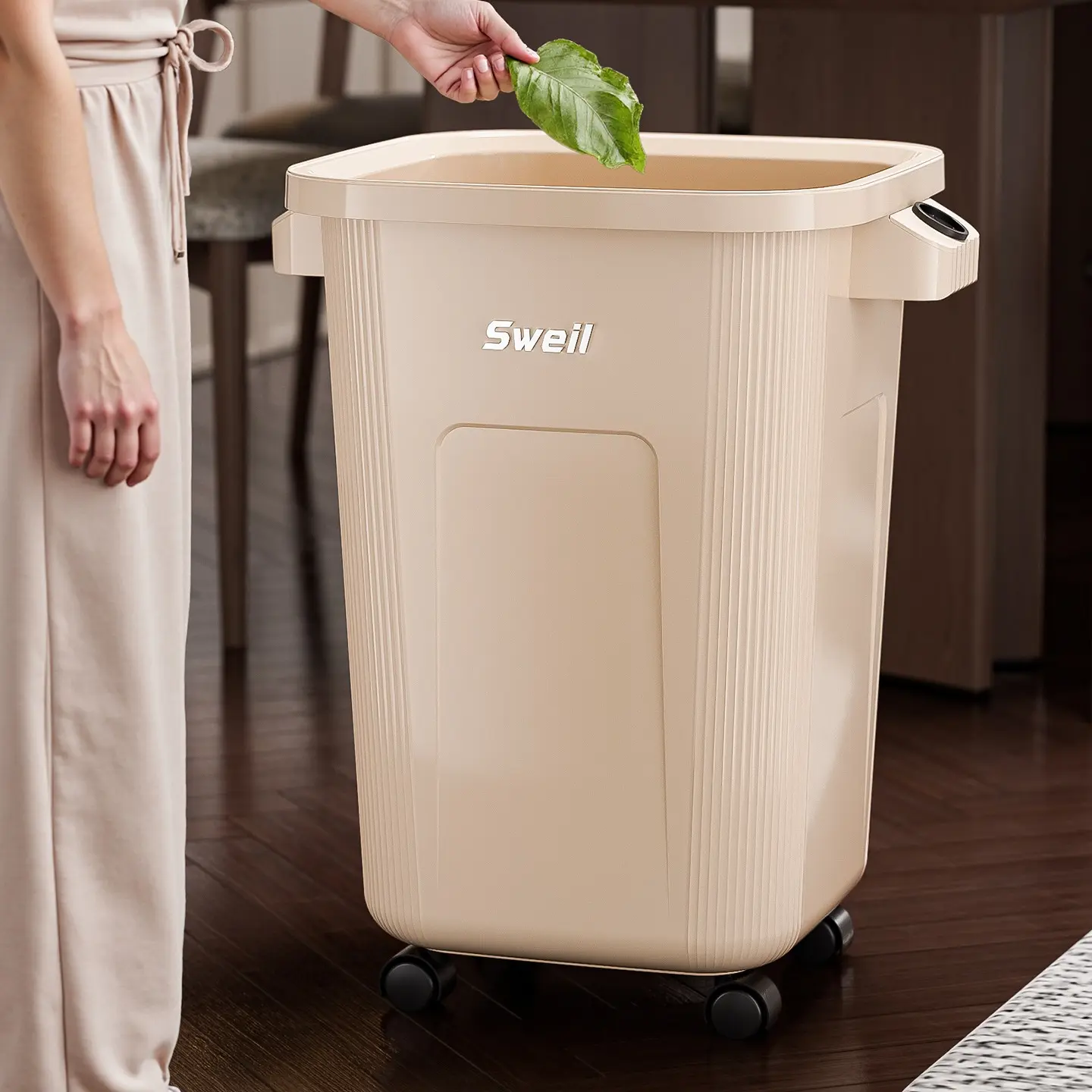 Rolling Kitchen Trash Can with Wheels, Garbage Cans, 13 Gallon Large Capacity Mobile Garbage Bin with Odor-Proof Lid and 360° Swivel Casters, Ergonomic Design Waste Basket for Kitchen Living Room Office, Black
