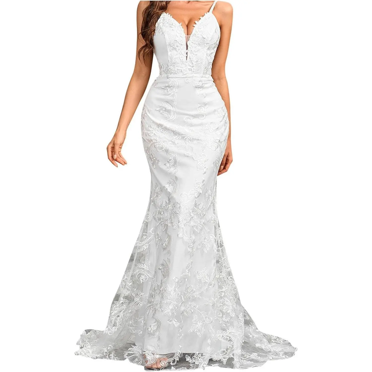 Feminine Lace Mermaid Wedding Dress for Women, Sleeveless V-Neck Backless Tulle Gown for Summer Beach Brides, Fabric, Print, Comfortable, Loose, Floral, Piece, Women's Clothes, Bodycon, Lacy, Below Ankle