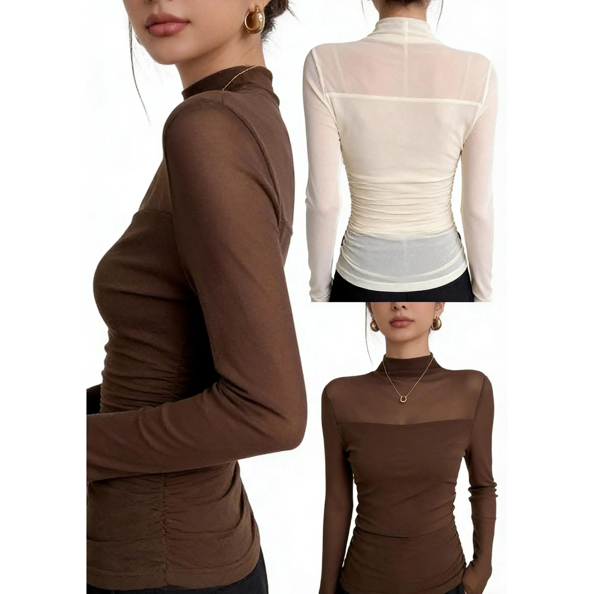 Women's Slim Elegant Mock Neck Mesh Blouse - Solid Color Lightweight Fabric Sheer Top, Long Sleeve Pullover, Fall/Winter Office & Casual Wear Soft Lace Blouse, Longsleeves, Shirts, Chic, Knit, Korean