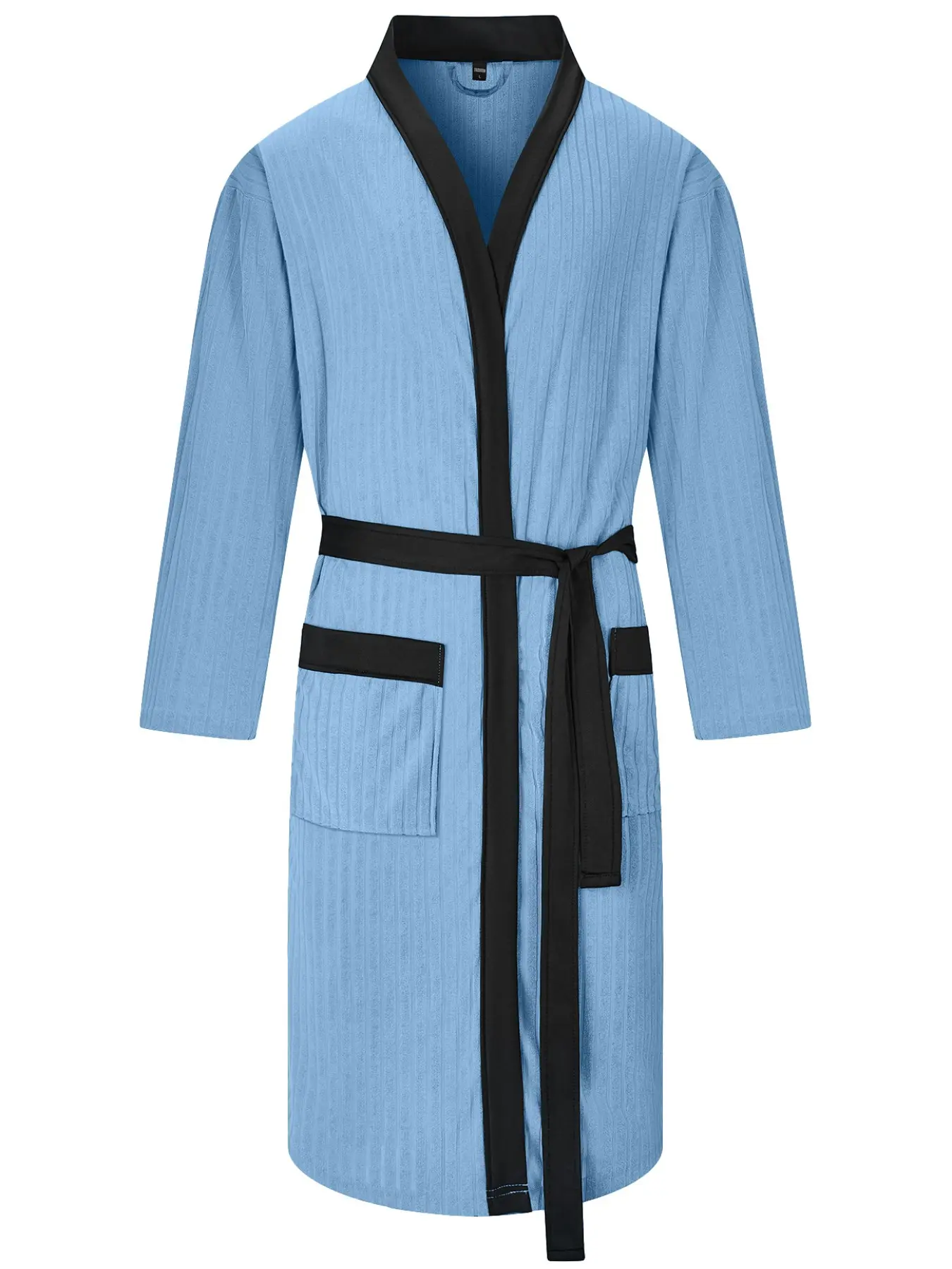 Men's vertical slit checkered bathrobe, Belted robe, loose andosuwa-style fit, belt ties + large pockets, black contrast piping version, suitable for bathroom, hotel spa, home and leisure