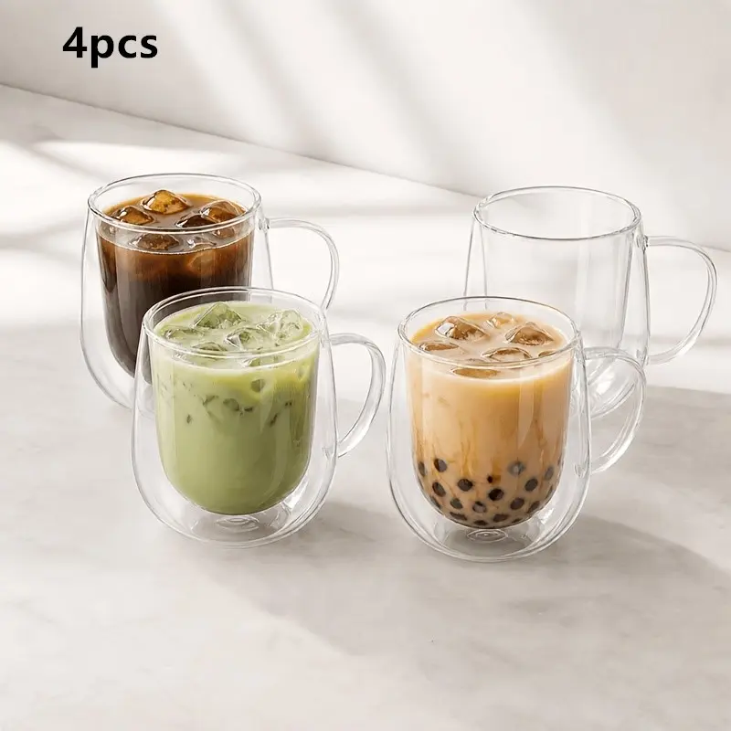 4-Pack Glass Coffee Cups with Handles, Transparent Mug Sets, Coffee Mugs for Hot and Cold Drinks, Ideal for Tea, Cappuccino, Espresso, Juice, Gift Ideas