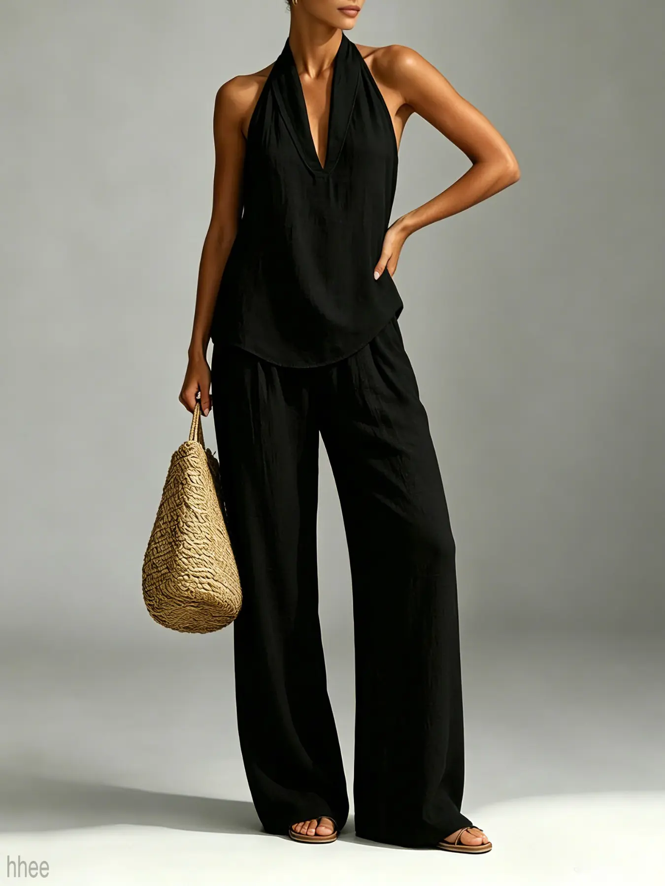 Minimalist Luxury V-Neck Two-Piece Set, Lightweight Comfy Breathable Sweat-Resistant Summer Wide-Leg Home, Classic Versatile Loungewear Pajamas