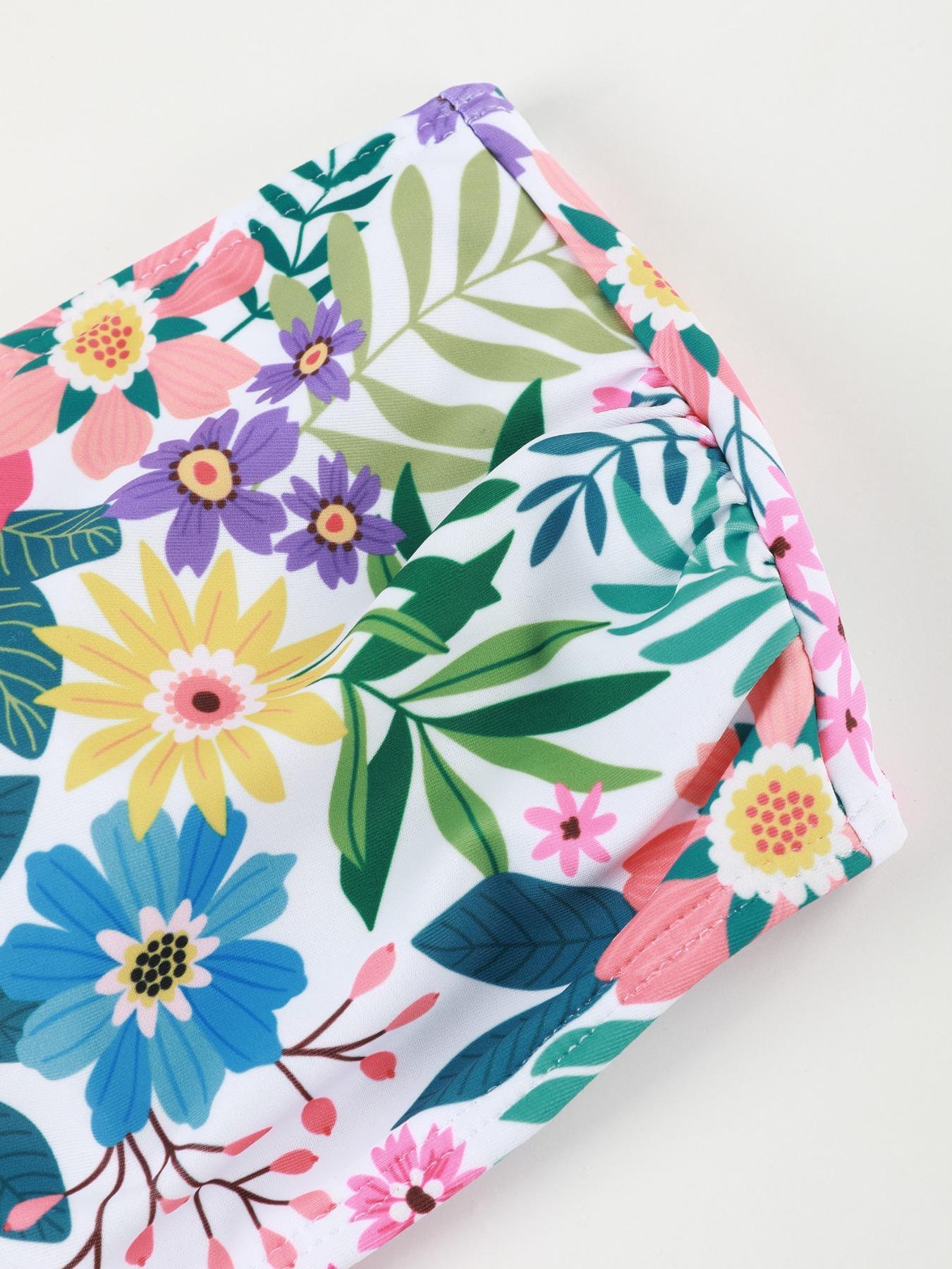 Women's Floral Print Bikini Set, Boho Fashion Sleeveless Swim Tube Top & Swim Bottom for Summer, Tropical Print Swimsuit, Ladies Swimwear for Beach Holiday Vacation