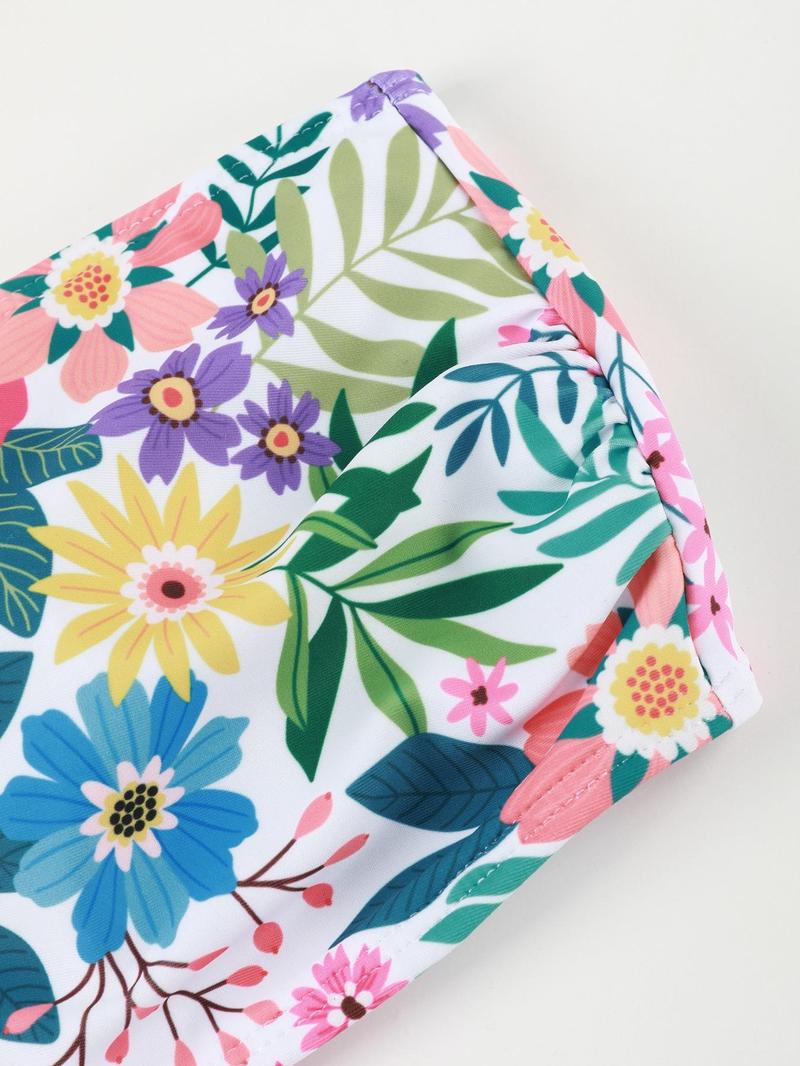 Women's Floral Print Bikini Set, Boho Fashion Sleeveless Swim Tube Top & Swim Bottom for Summer, Tropical Print Swimsuit, Ladies Swimwear for Beach Holiday Vacation