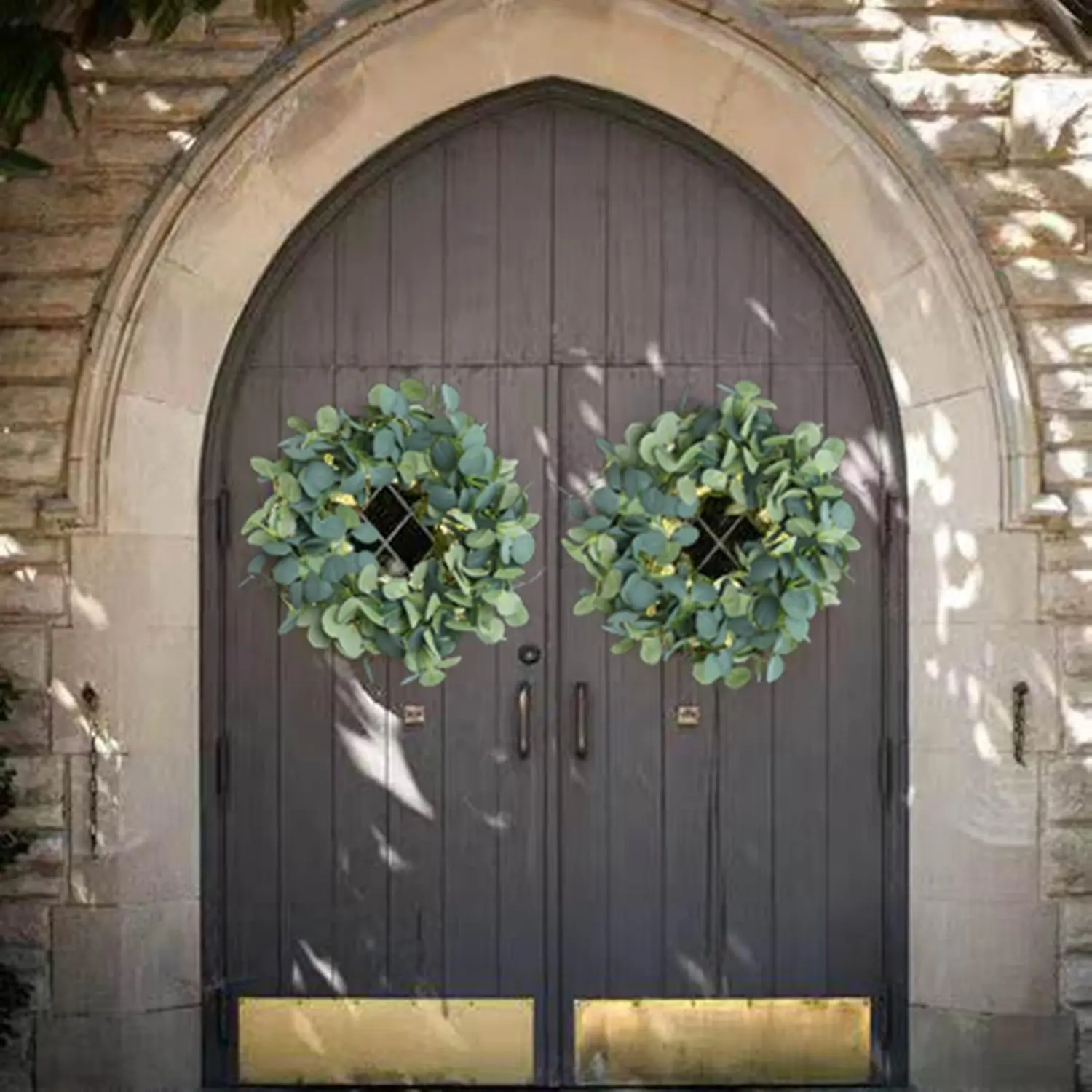 2PCS Artificial Eucalyptus Wreath & Garland Set, UV Resistant Faux Greenery with Berries, Farmhouse Front Door Wreath for Wedding Arch, Porch, Wall, Home Decor