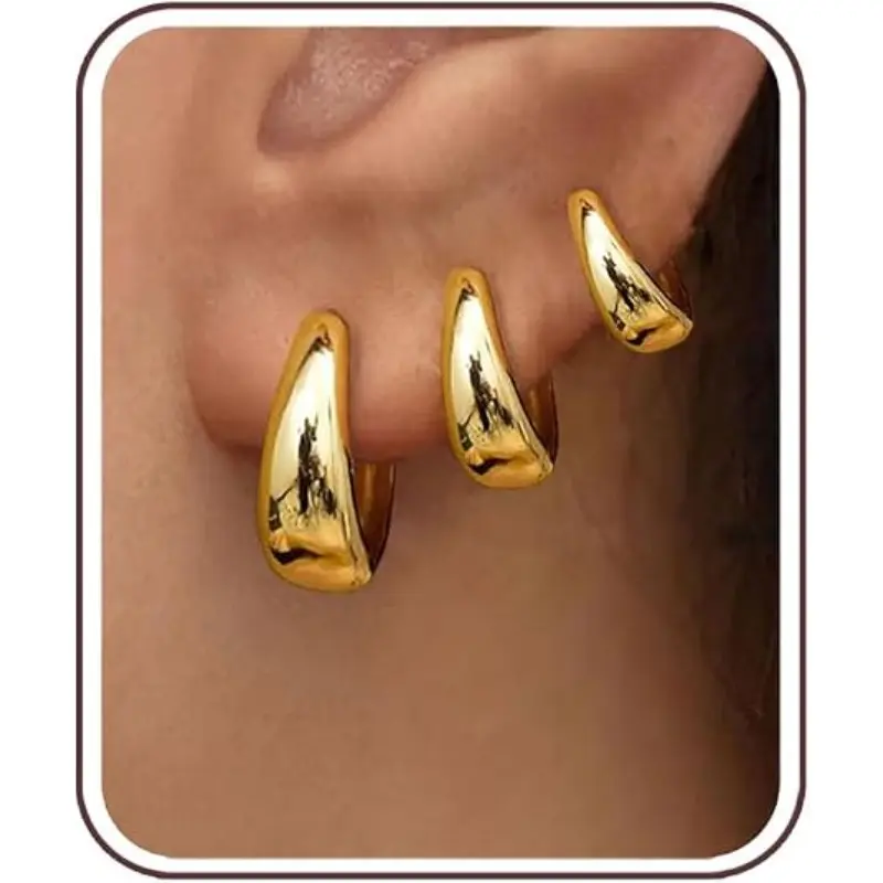 Women's 3-Pair Gold Earrings Set, Casual Thick Gold Hoop Earrings Hoops, Safe Small Chunky Huggie Jewelry for Daily Wear