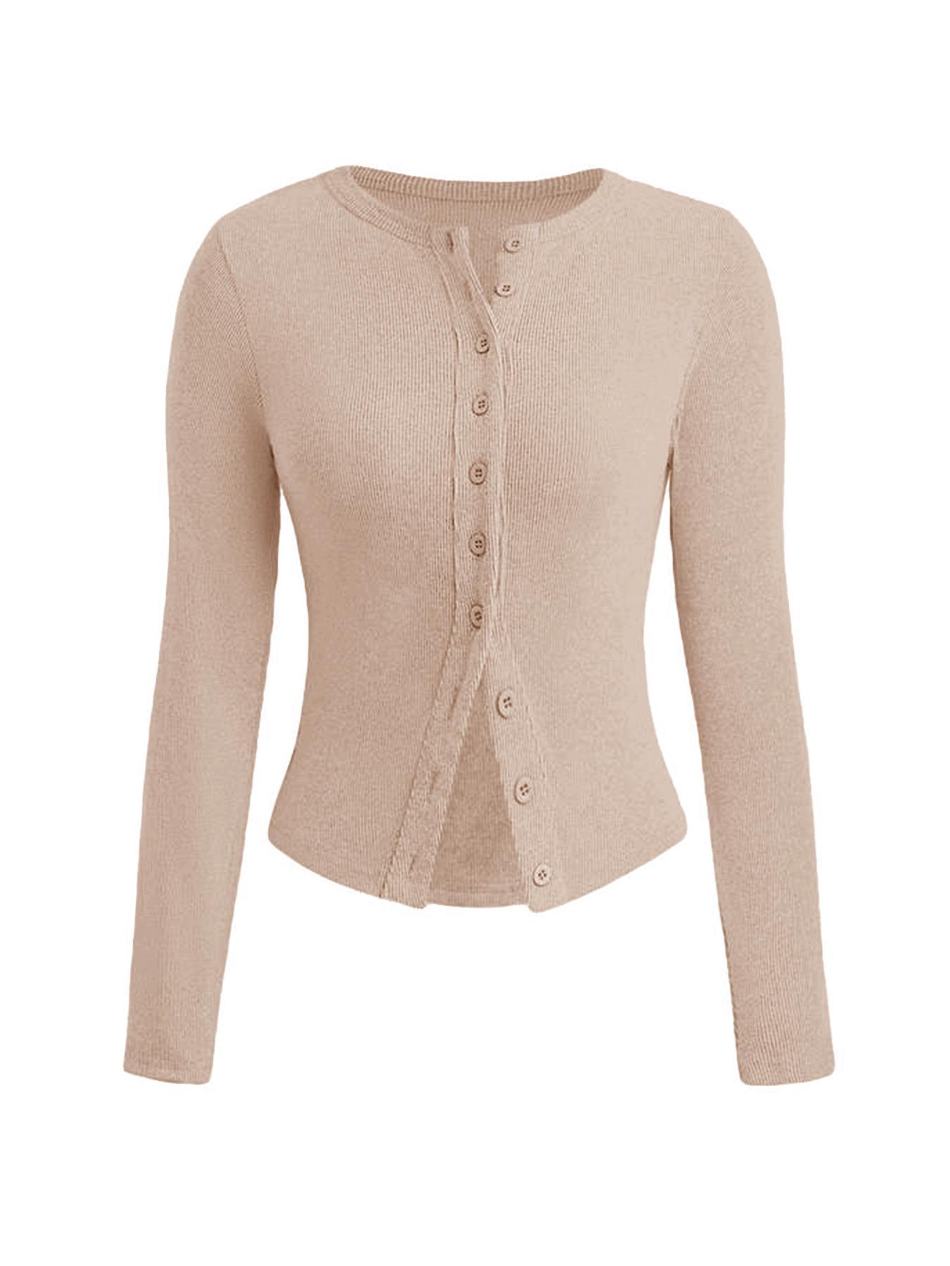Basic Solid Color Round Neck Button Long Sleeve Slim Top