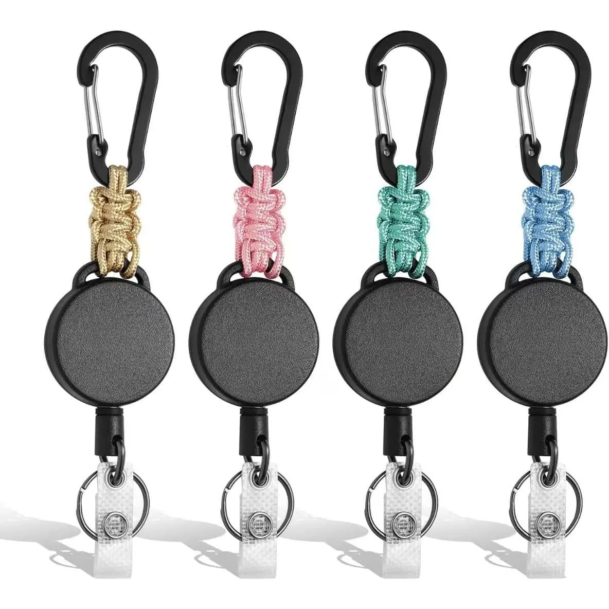 4 Pack Heavy Duty Retractable Carabiner Keychain Badge Reel with Steel Cord, Bright Colored ID Badge Holder Key Ring Clip, 4 Colors