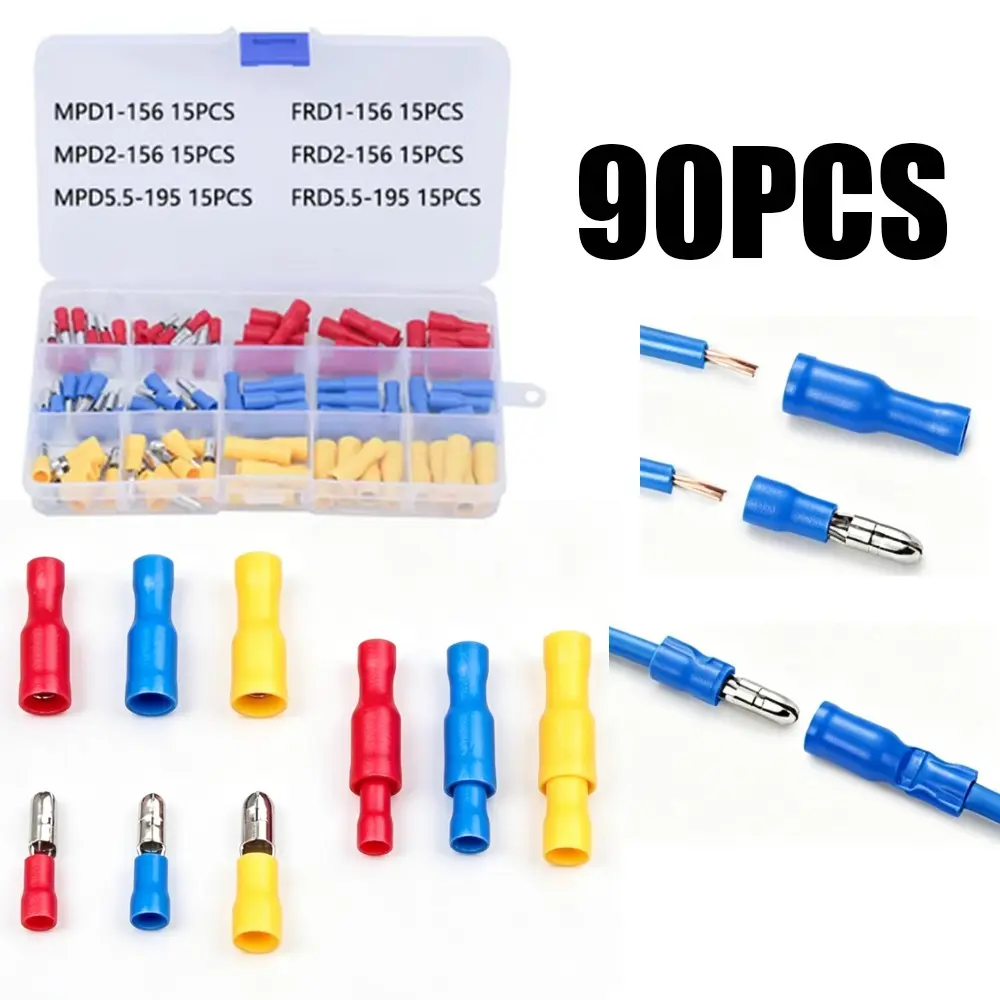 90pcs Boxed Terminal Blocks, Bullet Head Male Female Connector Set, Plug-And-Play Cold Crimp Terminals, Quick Connectors for Wires