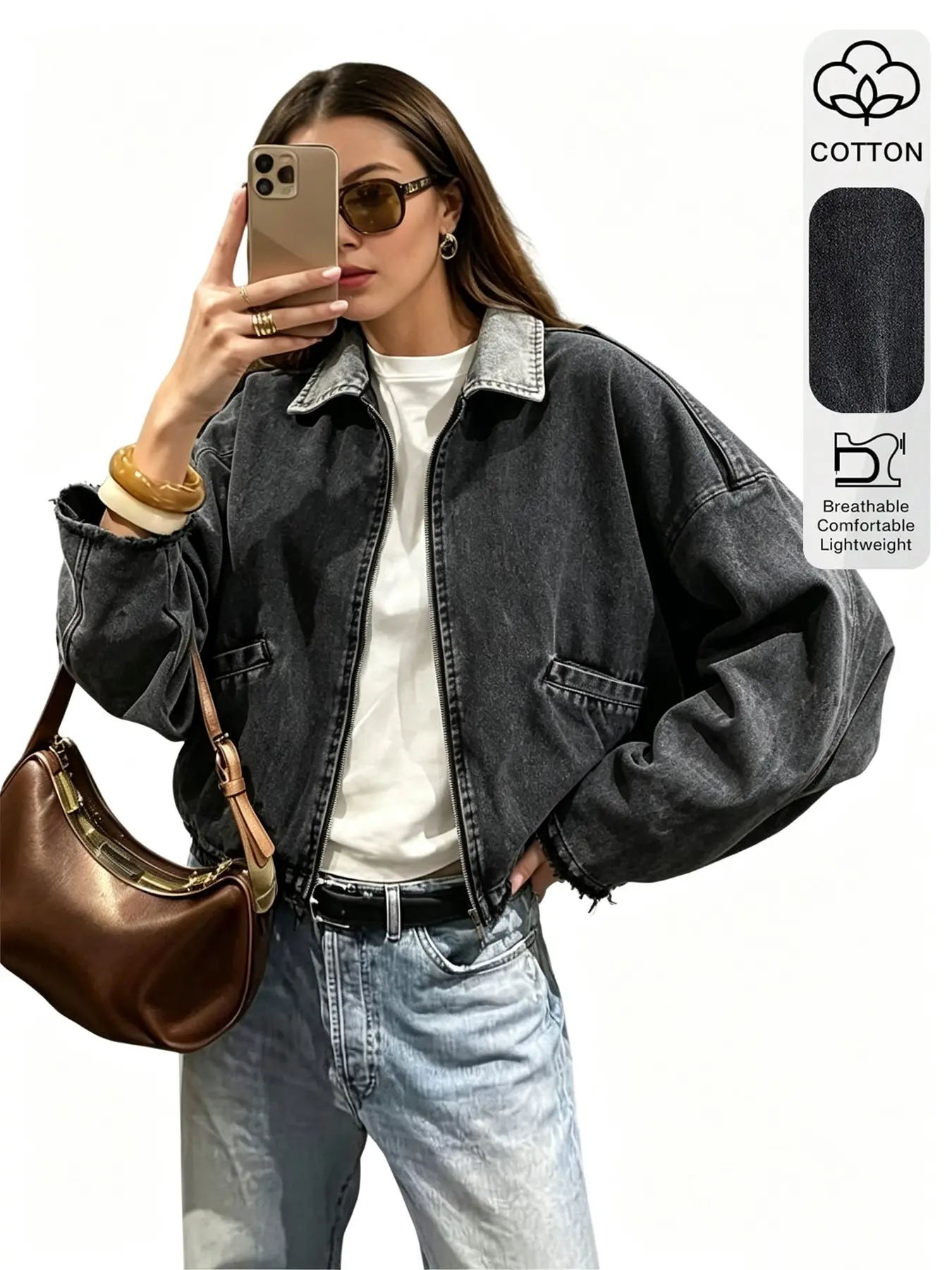 Women Y2K Vintage Washed Cotton Cropped Denim Jacket Zip‑Up Lapel Long Sleeve Oversized Raw Hem Pockets Lightweight Breathable Loose Retro Streetwear Outerwear for Daily Shopping Travel Spring Fall Going‑Out Outfits Teen Girls Ladies