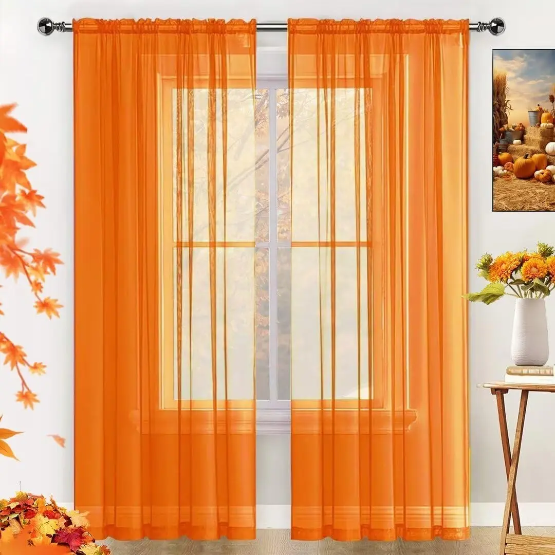 SpaceDresser Basic Rod Pocket Sheer Voile Window Curtain Panels Orange 2 Panels 52 Width 84 Inch Long for Kitchen Bedroom Children Living Room Yard(Orange,52 W x 84 L)