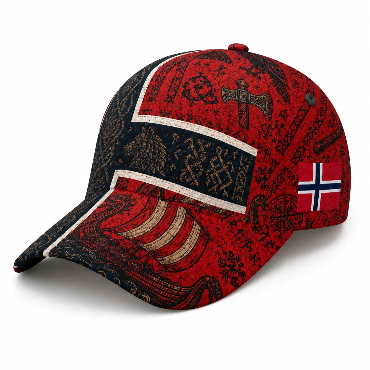 Red Black Viking Norway Baseball Cap, Curved Brim Adjustable Hat, Nordic Rune Wolf Graphic, Unisex Game Day Streetwear,sooners baseball,stylish golf,nets fan,football supporter ,raptor printed hat,official soccer,unisex summer,classic baseball
