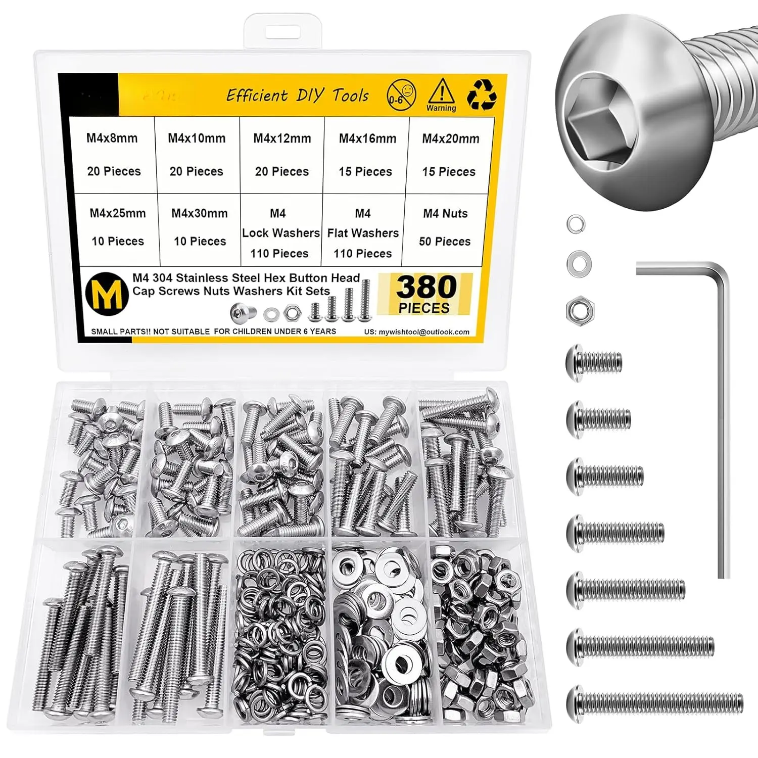 380 count M4 Screw Nuts and   Kit, 304 Stainless Steel Button  Socket Cap Metric Screws , Spring & Flat Lock Washers/Nuts/Hex Wrenches, M4*8/10/12/16/20/25/30