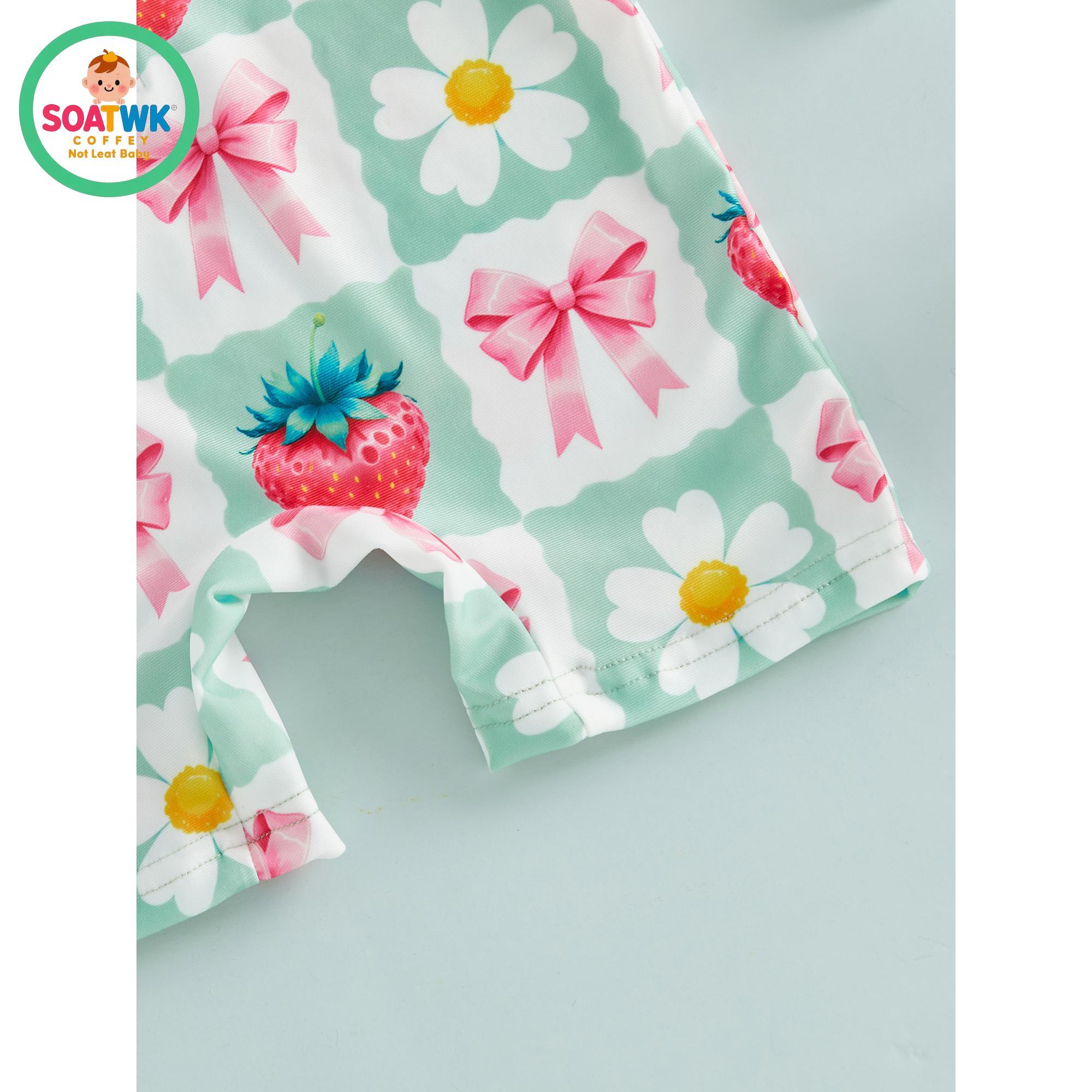 Kids Girl Rash Guard Swimsuits Strawberry Bow Floral Print Long Sleeves Swimwear and Swim Cap for Toddler