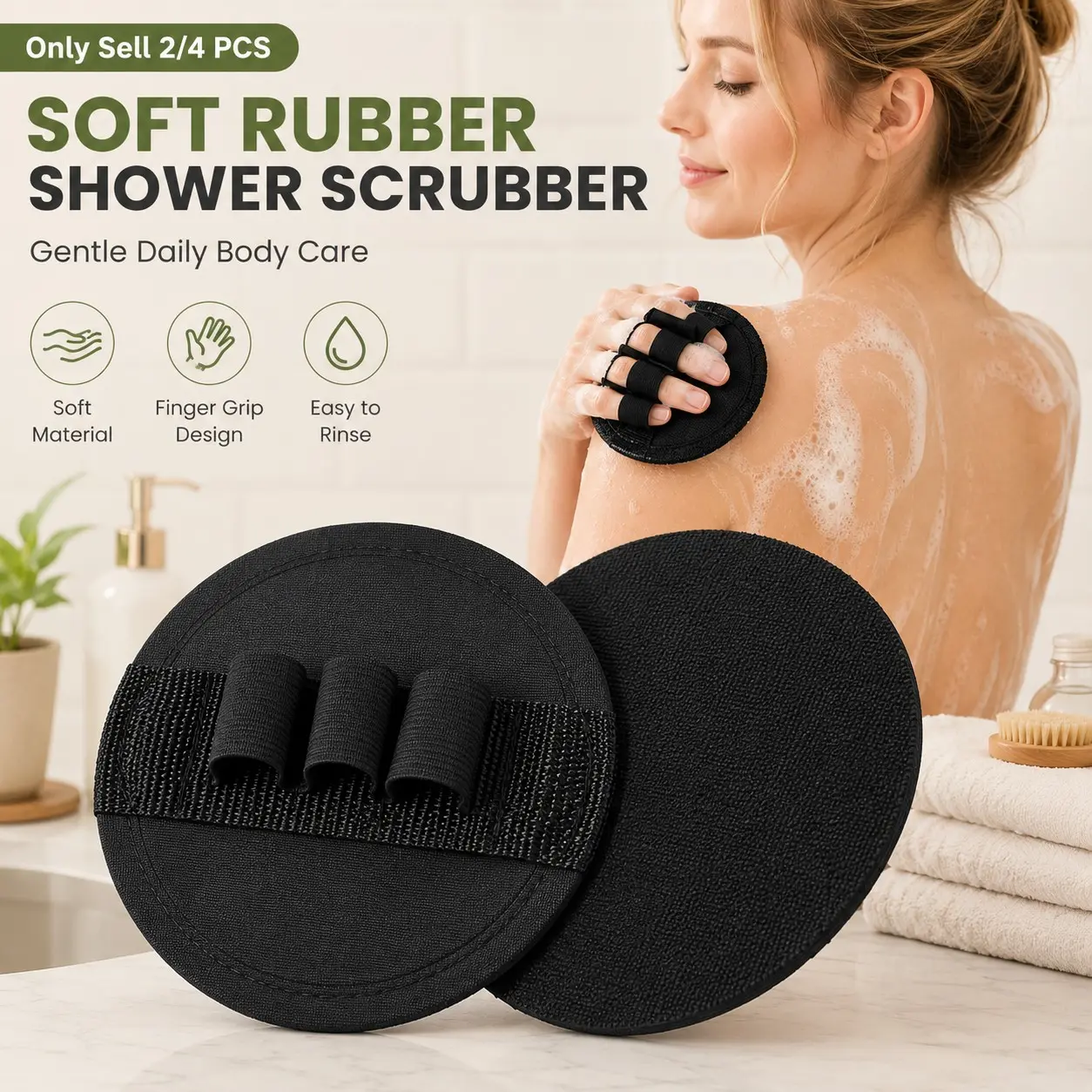 2/4 PCS Soft Rubber Shower Scrubber, Soft Rubber Round Shower Scrubber Towel, Round Exfoliating Bath Pad With Finger Grip Design, Gentle Body Cleansing Tool For Shower And Bathroom Use, All Skin Types