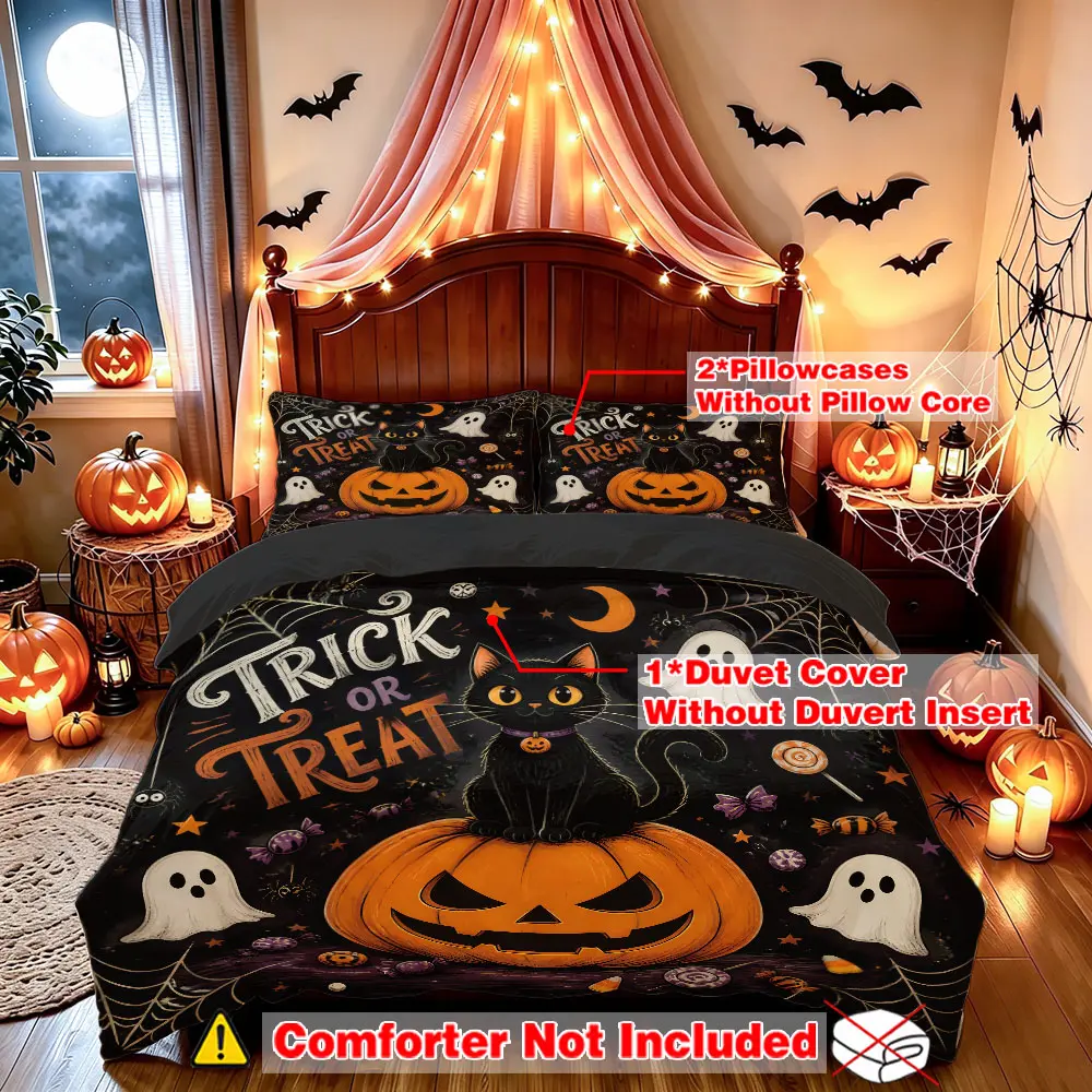 A set of 3 pieces (1 bedspread + 2 pillowcases, without a filling) featuring a black cat, pumpkin, and "Trick or Treat" slogan elements. This soft, comfortable and decorative bedding set is perfect for room decoration and can also be given as a gift.