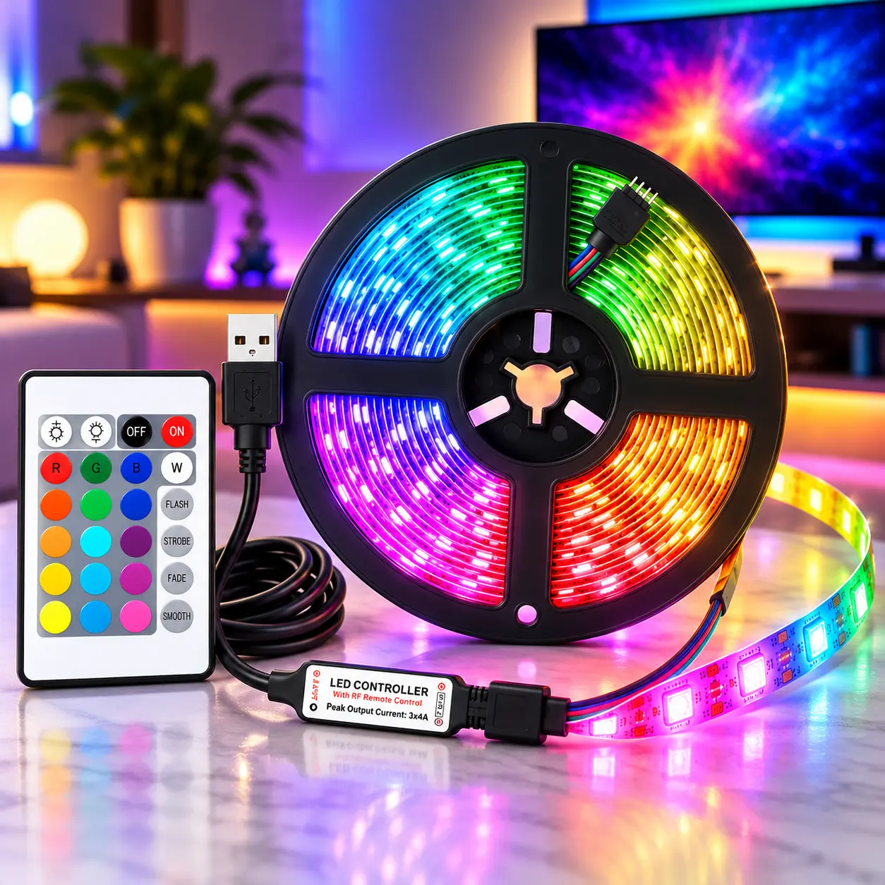 32.8FT/10M RGB LED Strip Lights, USB Powered Color Changing LED Lights with Bluetooth App & 24-Key Remote Control, 3535 RGB Ambient Light Strips for Bedroom, TV Backlight, Gaming Room, Desk & Party Decor