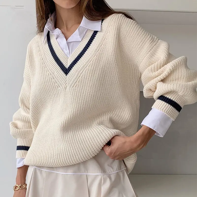Women's V Neck Ribbed Knit Long Sleeve Drop Shoulder Pullover Sweater Tops, Autumn Fashion Clothes, Casual Comfort Longsleeves, Loose Longsleeve jumper Pullover Tops Striped Womenswear Comfy