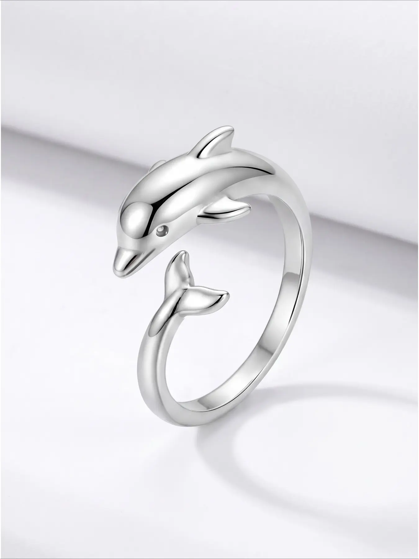 Dolphin Open Adjustable Ring for Her, Silver Plated, Whimsical Ocean-Themed Design for Everyday Wear Animal Theme Ring
