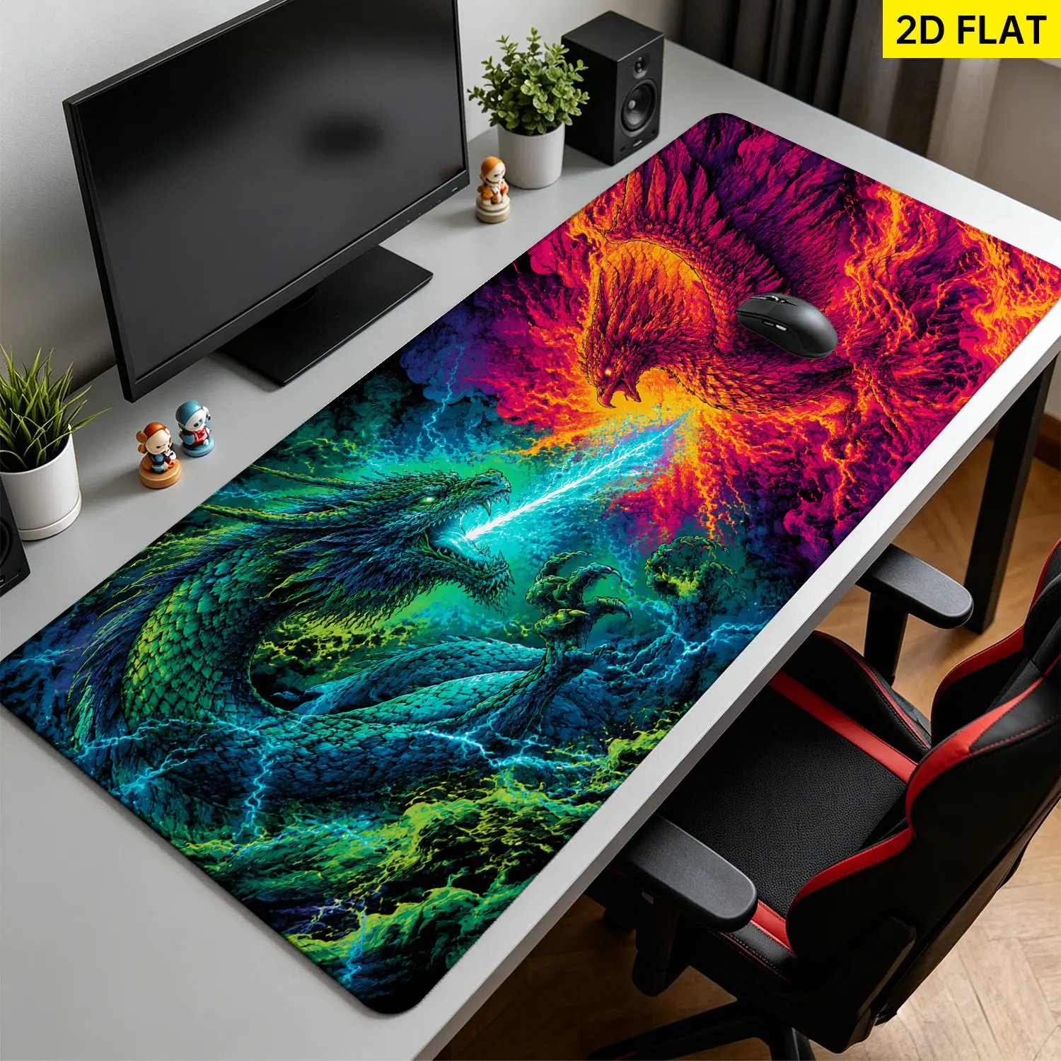 Extra Large Fire Phoenix and Electric Dragon Battle Mouse Pad,Non Slip Rubber Pad,Desktop Decoration Drotection Pad,Washable,Lock Edge Multi Size,Premium Multipurpose Mousepad For Gaming,Office,Gift for Family and Friends
