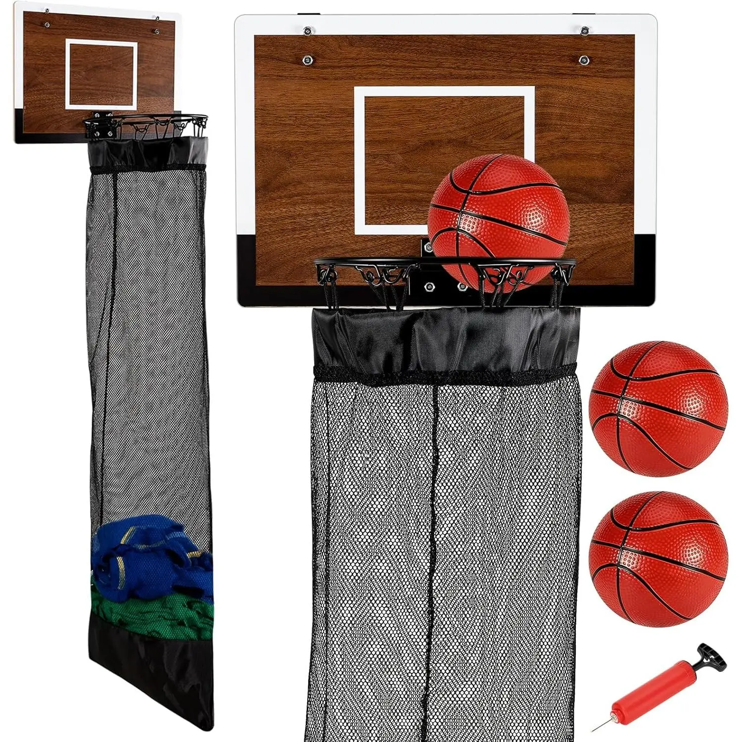 Over the Door Basketball Hamper,Wooden Hanging Basketball Hoop Laundry Basket with Zipper,3 Balls and Pump for Kids Room,Dorm Rooms,Bathroom,Saving Space Storage and Organization(Walnut)