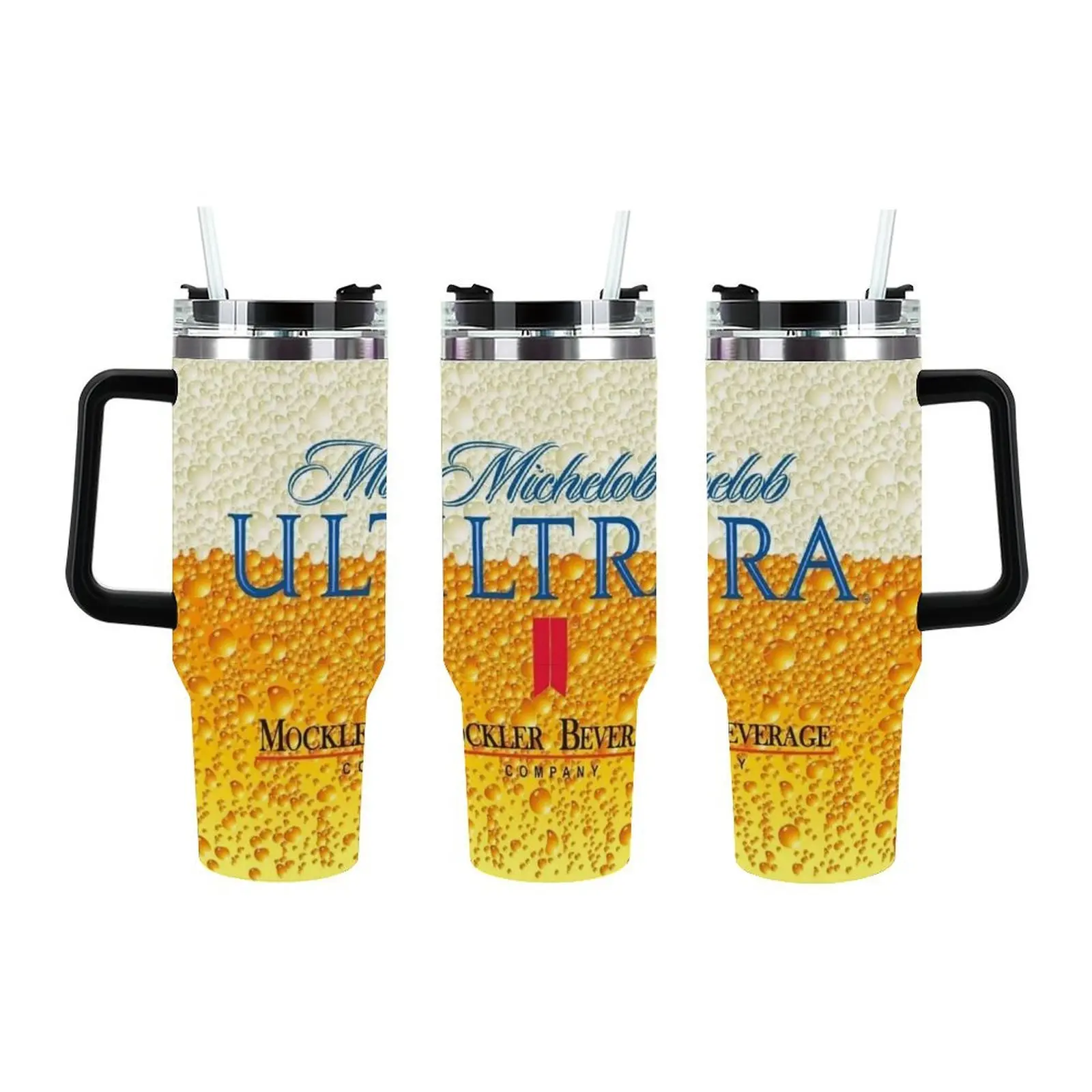 40oz Michelob Ultra Inspired Tumbler with Straw - Realistic Beer Foam Printed Insulated Cup, Stainless Steel Travel Mug for Cold Drinks, Beer Enthusiast Gift