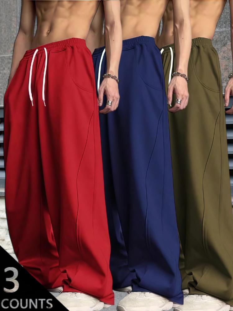 Y2K Men's 3-Pack Wide Leg Sweatpants - Black, Grey & Navy Blue - High Street Loose Fit Joggers with Drawstring Waist & Side Pockets - Lightweight Fabric - Perfect for Streetwear, Casual, Daily Wear - S-3XL Sizes