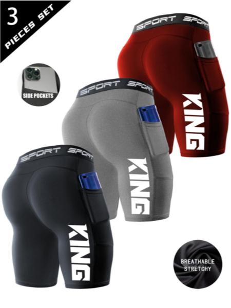 3 Pack Men's Athletic Shorts with 'KING' Print, High Elastic Polyester and Spandex Blend, Breathable Quick Drying with Pockets for Basketball Training and Compression Swimming, Breathable Fitness Shorts, High Stretch Shorts