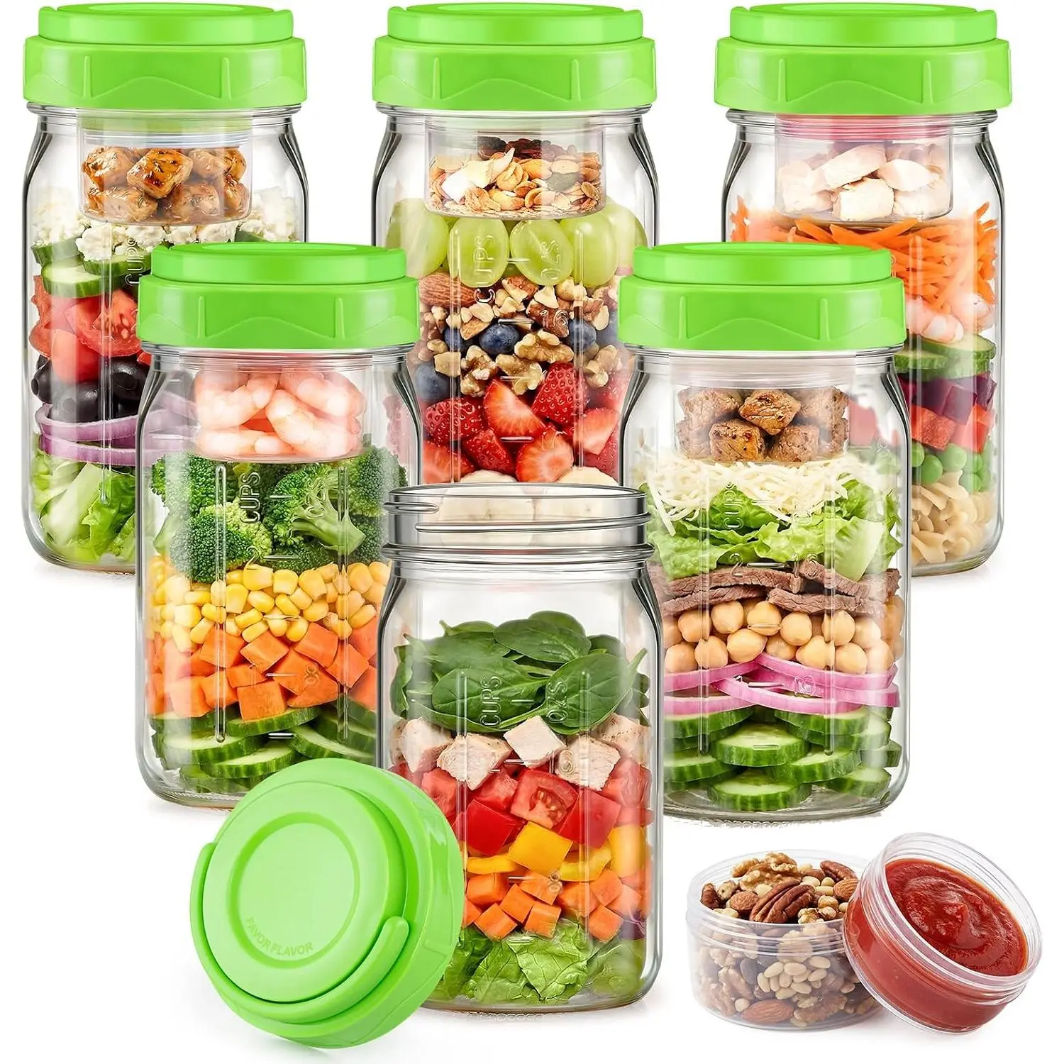 6 Pack Glass Salad Container for Lunch, Salad Jars with Two Dressing Cup for Wet/Dry Separation, Salad Mason Jars with Handle, Leak-proof Meal Prep Containers for , Office and Outdoor Use