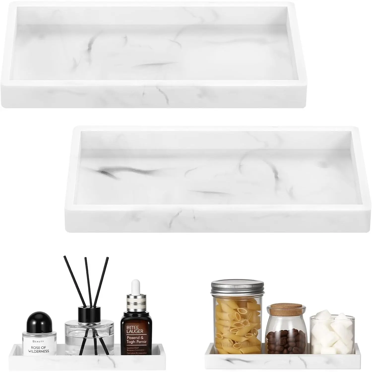 Luxspire 2-Pack 7.9" Silicone Bathroom Vanity Organiser Trays, Marble Look White, Thick Slip-Proof Waterproof Dishwasher-Safe, Ideal for Sink Storage, Soap, Perfume, Jewelry Decor