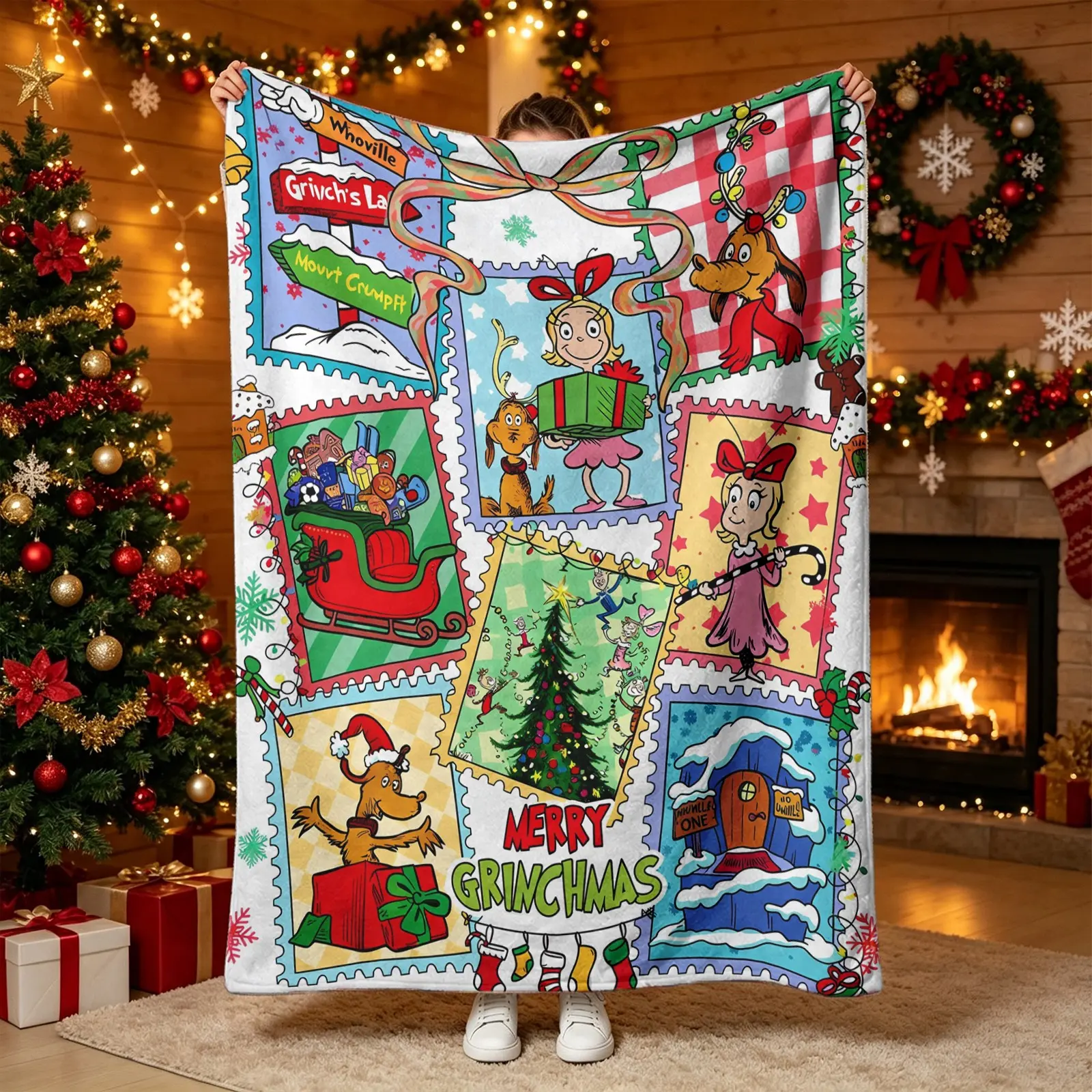 Christmas Flannel Blanket, Soft and Warm, Perfect for Sofa Cover and Napping, Ideal Holiday Gift, Classic Style, Print Pattern
