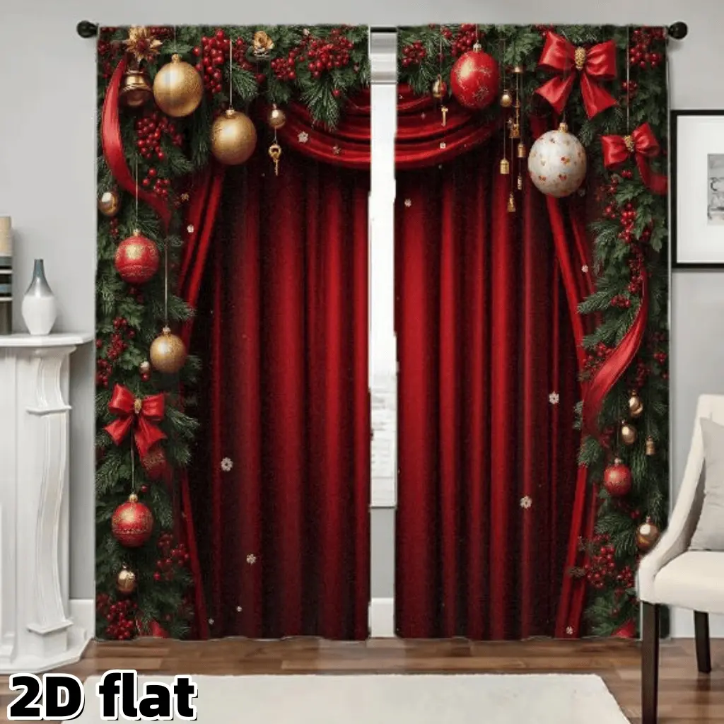 2D Flat 2Pcs Christmas Holiday Curtains Festive Red Burgundy Decorative Window Drapes Pine Garland Baubles Bows Pattern Rod Pocket Design Semi Sheer Polyester for Living Room Bedroom Dining Party Home Decor Curtain