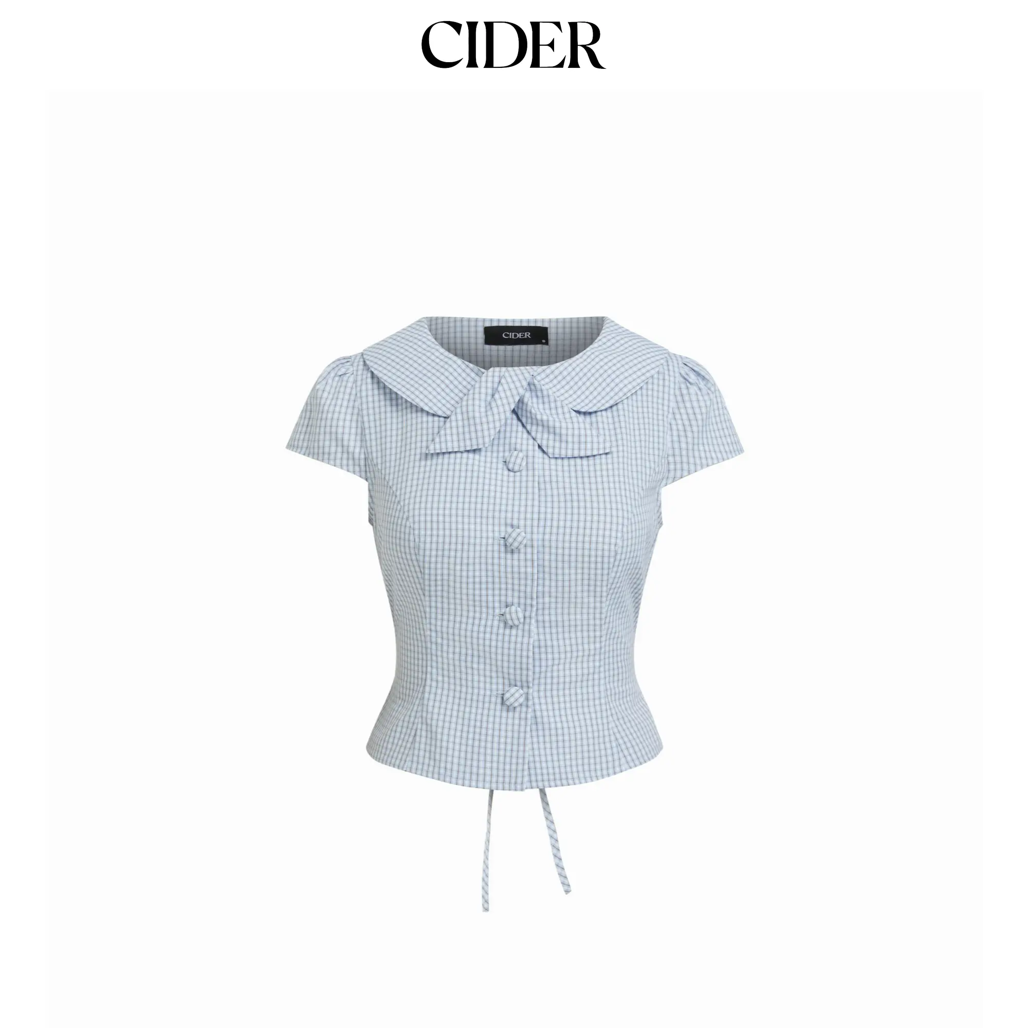 Cider Cotton-blend Gingham Peter Pan Collar Puff Sleeve Bowknot Blouse