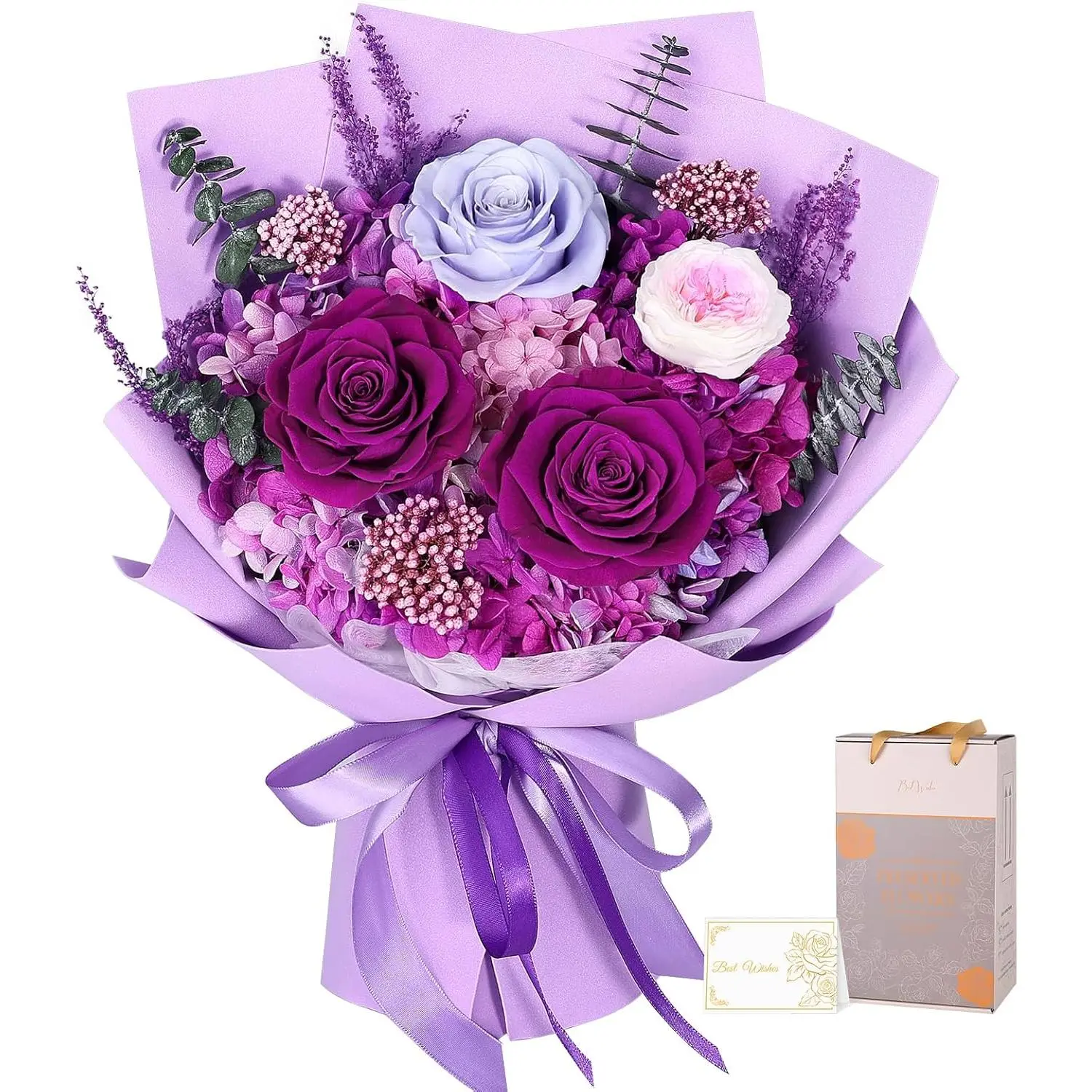 Preserved Flowers for Delivery, Purple Flowers with Gift Box and Card, Long-Lasting Forever Flower Bouquet 3+ Years, Anniversary Birthday Gifts for Women Mom Wife Grandma Her