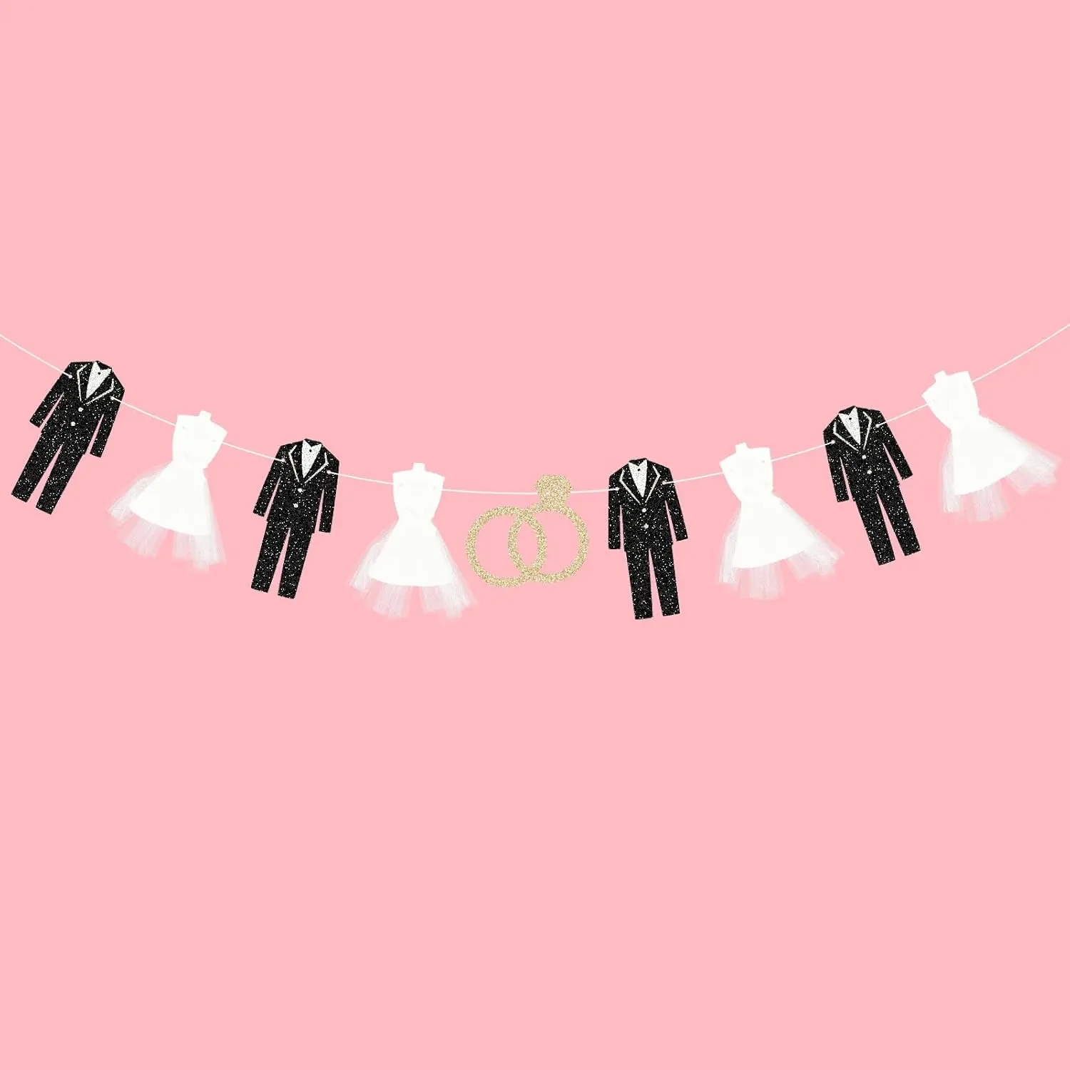 Bride and Groom Wedding Dress Garland Banner, 9.8 Ft Hanging Tuxedo and Gown with Gold Glitter Ring Cutout for Engagement Party, Bridal Shower, Bachelorette, Wedding Reception Decorations