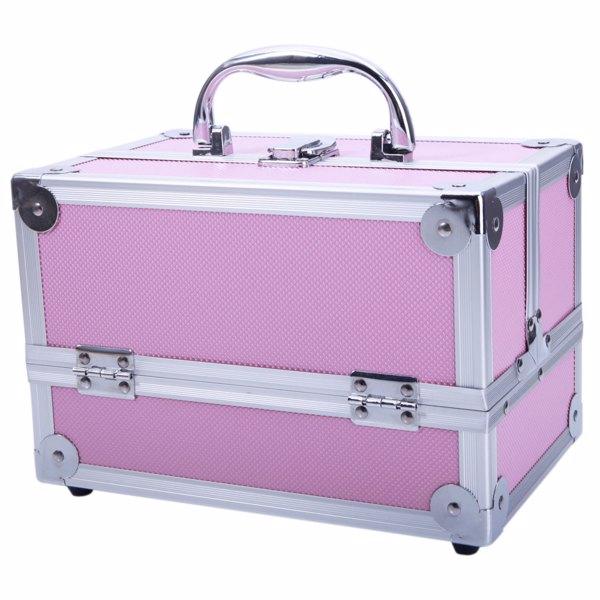 SM-2176 Aluminum Makeup Train Case Jewelry Box Cosmetic Organizer with Mirror 9"x6"x6" Pink