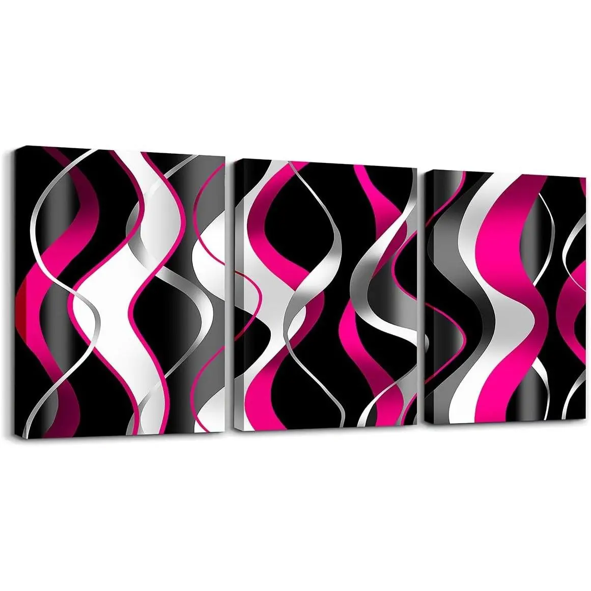 3-Piece Hot Pink Gray Black Geometric Canvas Wall Art - Abstract Stripes Print for Kids Room Living Room Decor, 12x16 Inch Ready to Hang