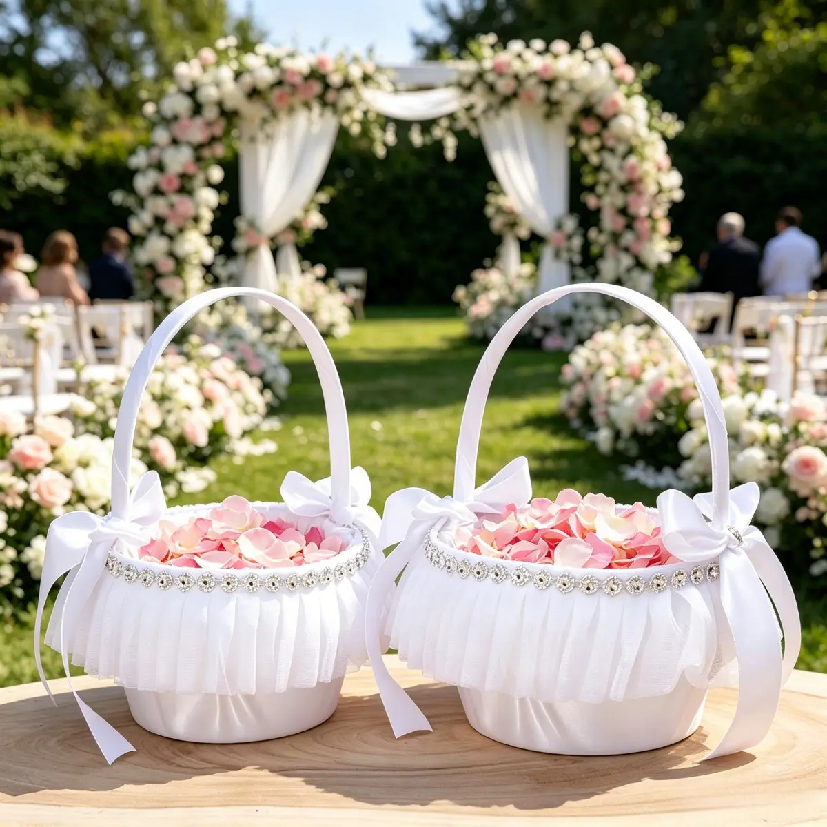 Flower Girl Wedding Basket, Satin Bow Flower Basket Pearl Series, Elegant Floral Arrangement for Weddings, Perfect Gift for Special Occasions, Decorative Baskets