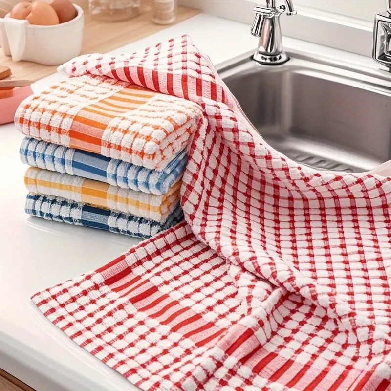 10pcs Large Plaid Kitchen Cleaning Cloths - Absorbent, Reusable in Various Colors Red, Blue, Yellow, Orange Dish Towels, Suitable for Sink, Table and Outdoor Use, Multipurpose Napkins| Plaid Pattern| Polyester Fabric, Kitchen Towels