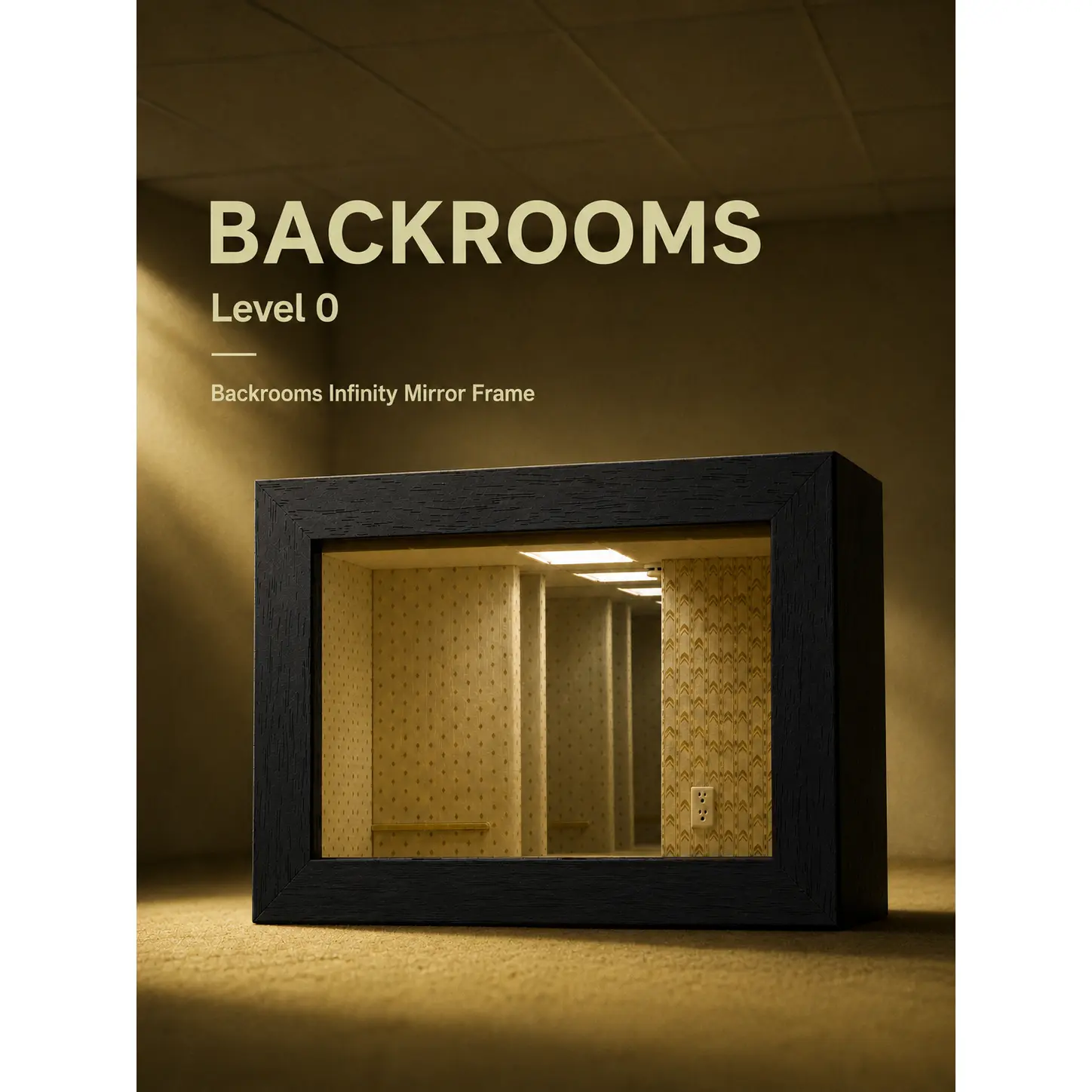 Backrooms Level 0 Infinity Wood Mirror Frame - Liminal Space Shadow Box, Decorative Mirror Art, Wall Mounted Home Decor Accessory for Wall Decor