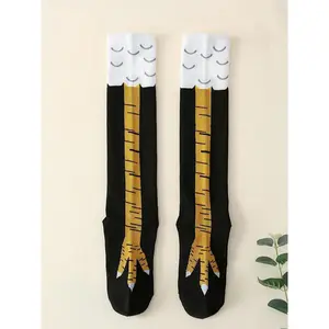 Men's Trendy Cartoon Print Over The Calf Socks, Cute Chicken Feet Design Knit Socks, Comfort Hosiery for Men Indoor Outdoor Wear