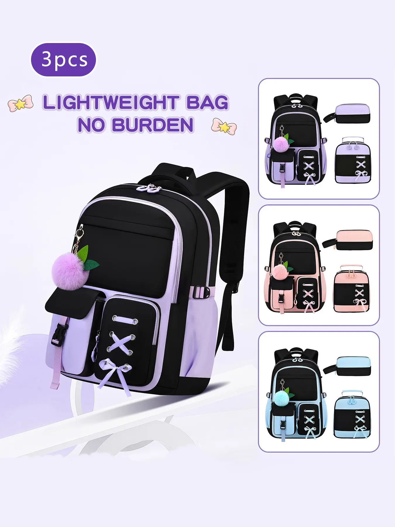 3Pcs Black Purple Color Block Backpack Set Lace-up Bow Front Pocket Detachable Fluffy Pom Pom Charm Matching Lunch Bag Stationery Pouch Padded Mesh Straps Multi Zip Compartments for Campus Study Weekend Trips Daily Casual Outings