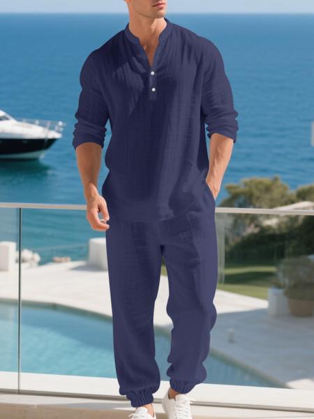Men's Casual Long Sleeve Cuban Henley Shirt & Loose Pants Set, Beach Vacation, Comfortable Breathable Linen Fabric, Spring Summer Fashion