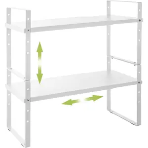 Expandable Cabinet Shelf Organizer Rack, Stackable Kitchen Counter Storage Shelves Stand, Adjustable Height Pantry Shelf Spice Rack (White, 2 Pack)