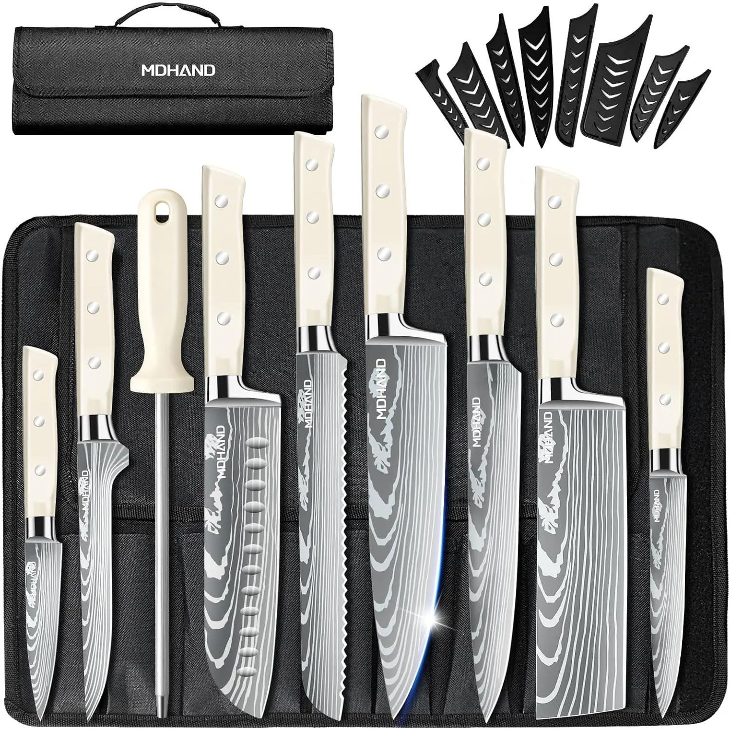 MDHAND Chef Knife Set with Roll Bag, 9PCS Professional Knife Set with Sharpener, High Carbon Stainless Steel Japanese Kitchen Knife Set - Forged Triple Rivet Handle, Dishwasher Safe, Chef Gifts, White#DealsForYouDays