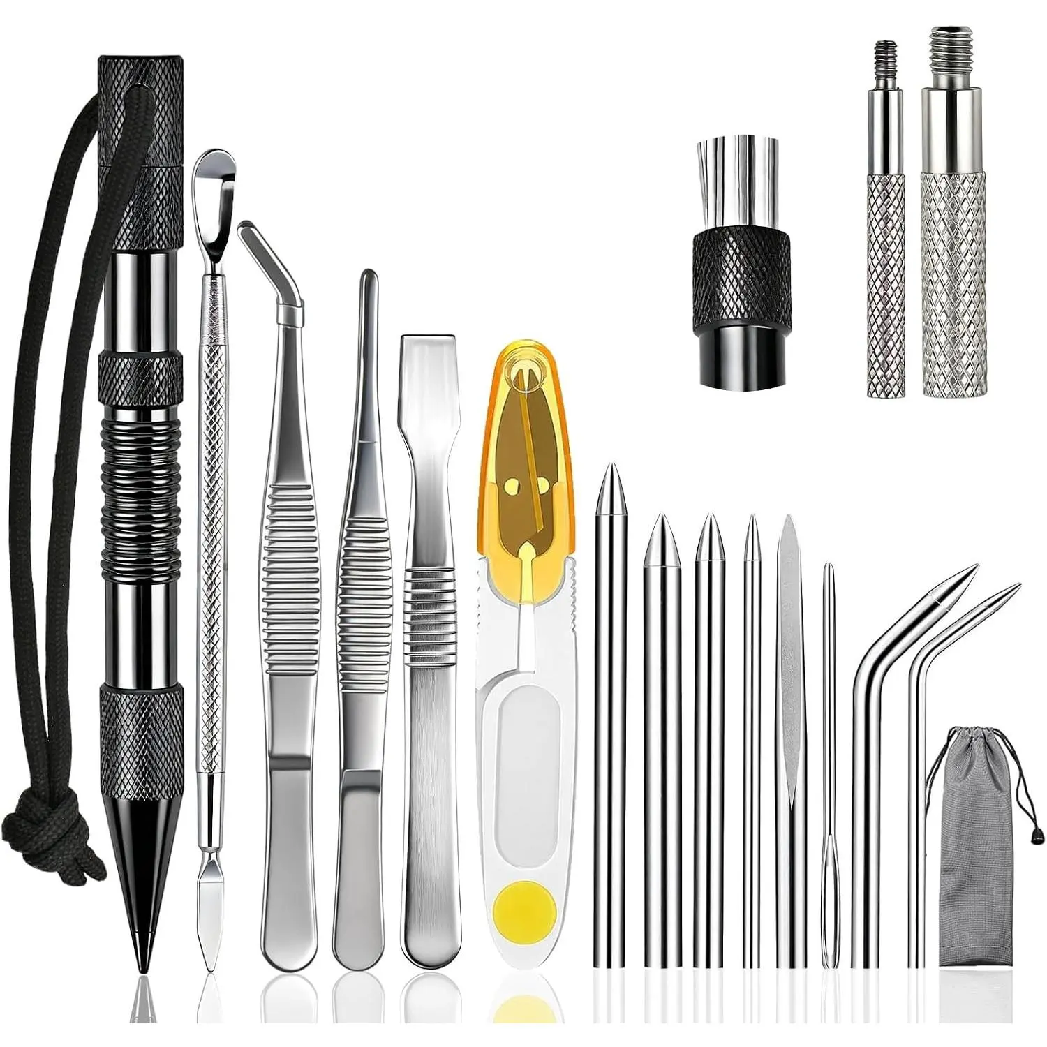 16-Piece Paracord FID Tool Set - Stainless Steel Knot Taker Marlinspike, Paracord Stitching Lacing Needles and Smoothing Tool for Leather or Paracord Work (Black)