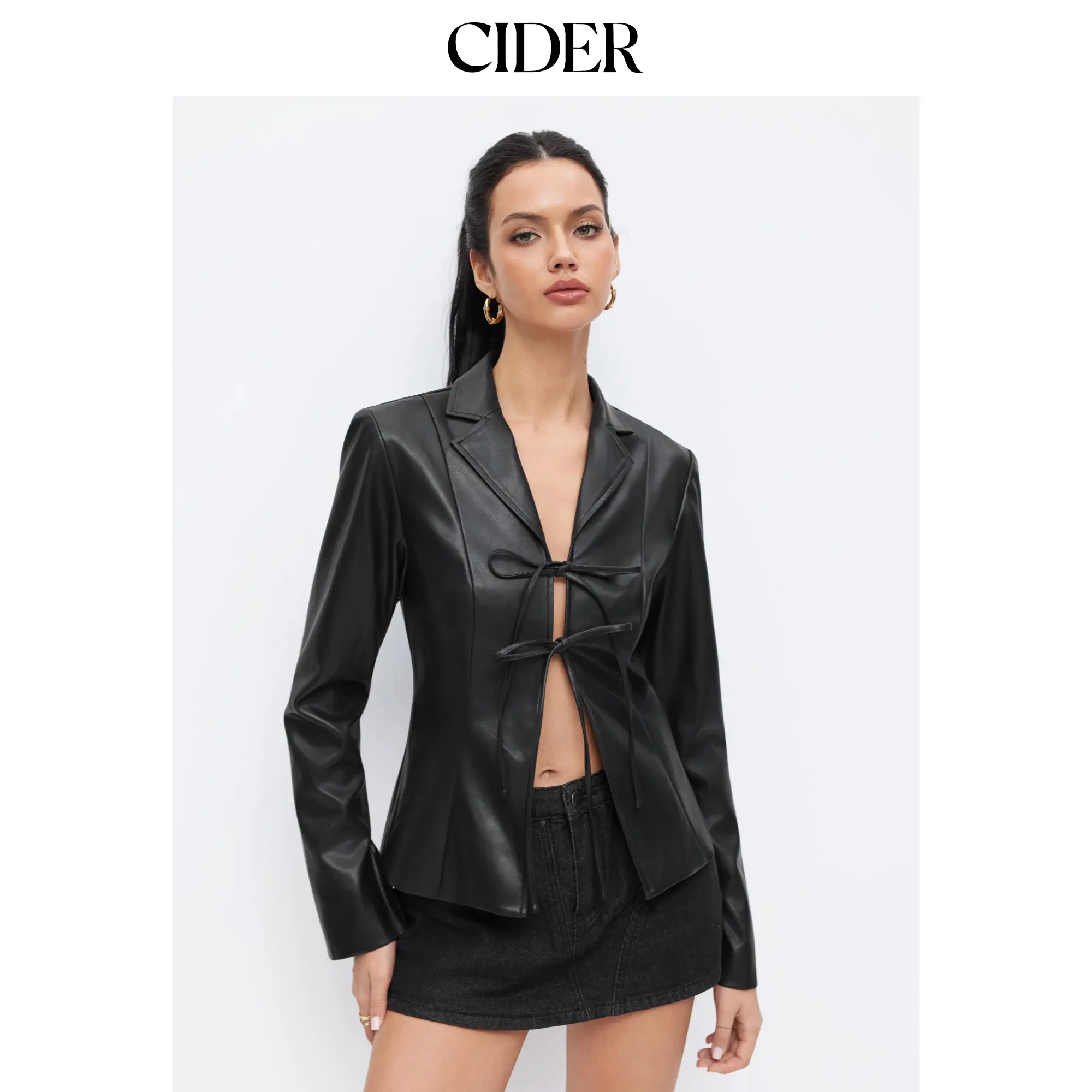 Cider Faux Leather Collar Bell Sleeve Tie Front Bow Jacket SohoChic
