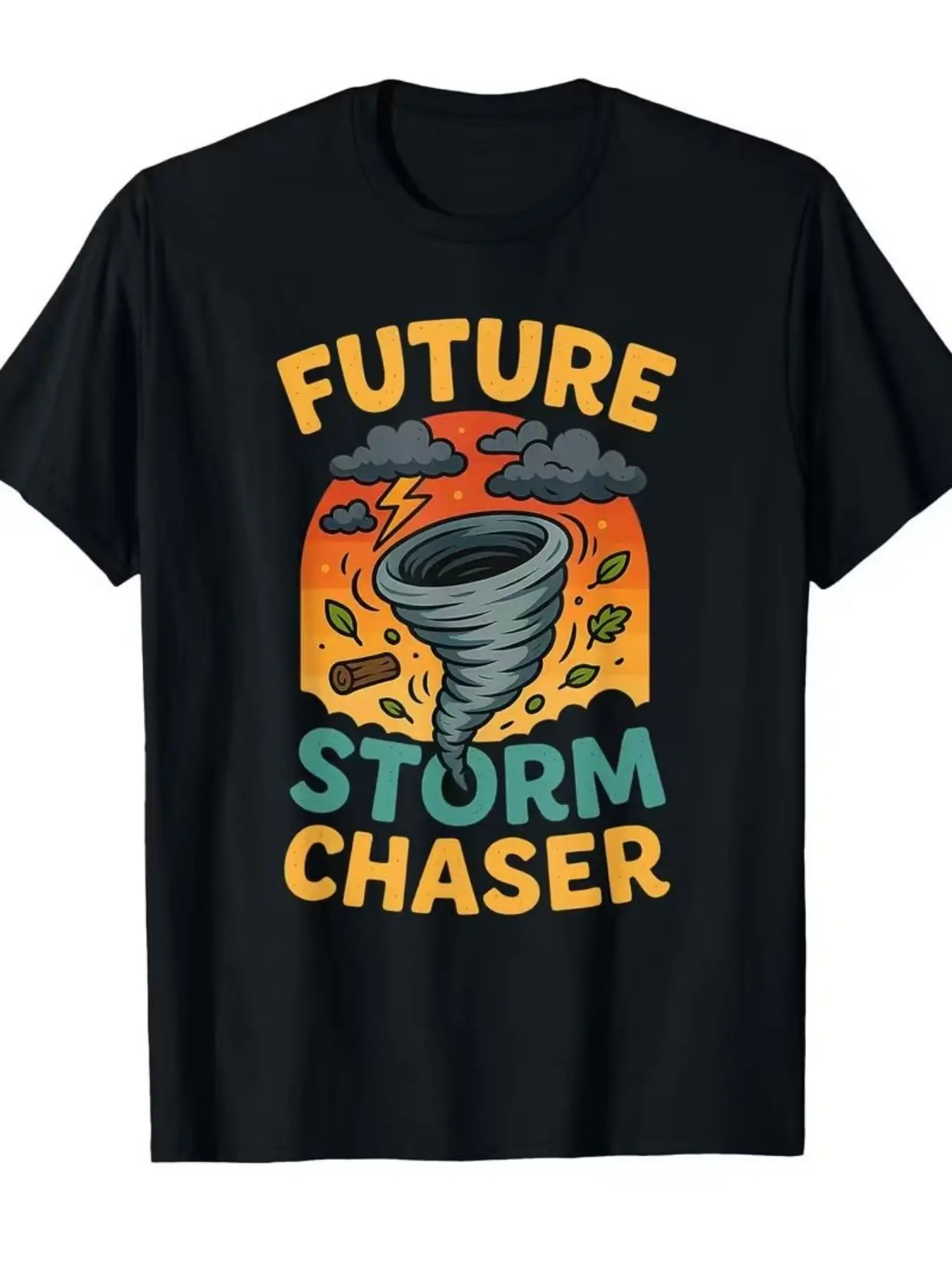 Future Storm Chaser Cartoon Tornado Rain Colorblock Print, Storm Chaser Enthusiast Short Sleeve, Casual Fitted Crop Top