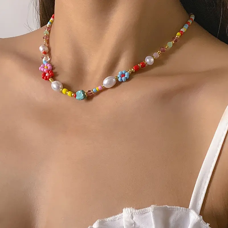 Women's Unisex Boho Daisy Flower Seed Bead Necklace, Colorful All-Seasons Seed Bead Jewelry for Daily Wear, Sports & Outdoor Outfit Matching, Seed Beads,back to school,back to school haul