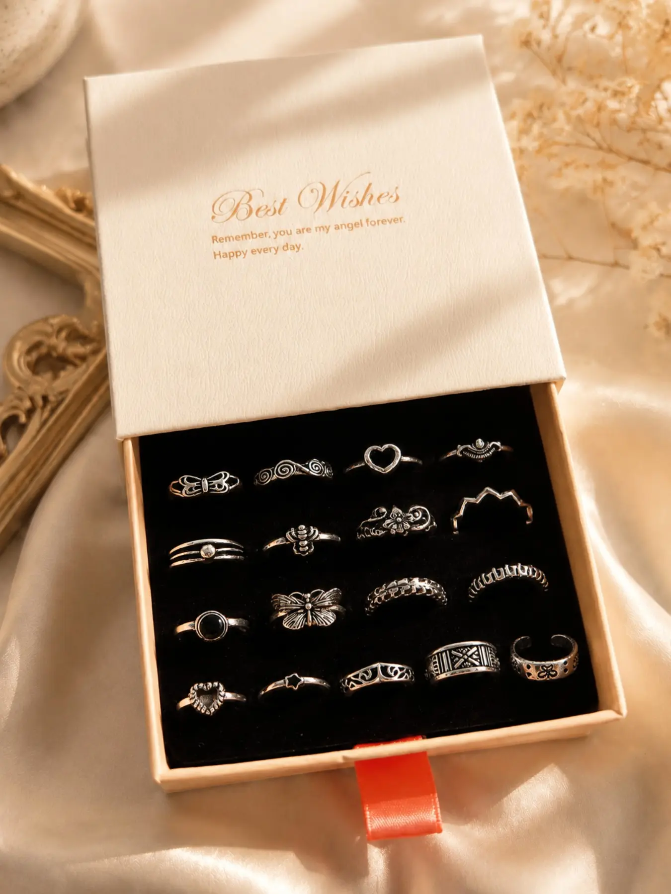 17pcs Silver Color Vintage Ring Set, Boho Stacking Adjustable Bands, Butterfly Heart Floral Designs, Hypoallergenic Jewelry Gift for Her